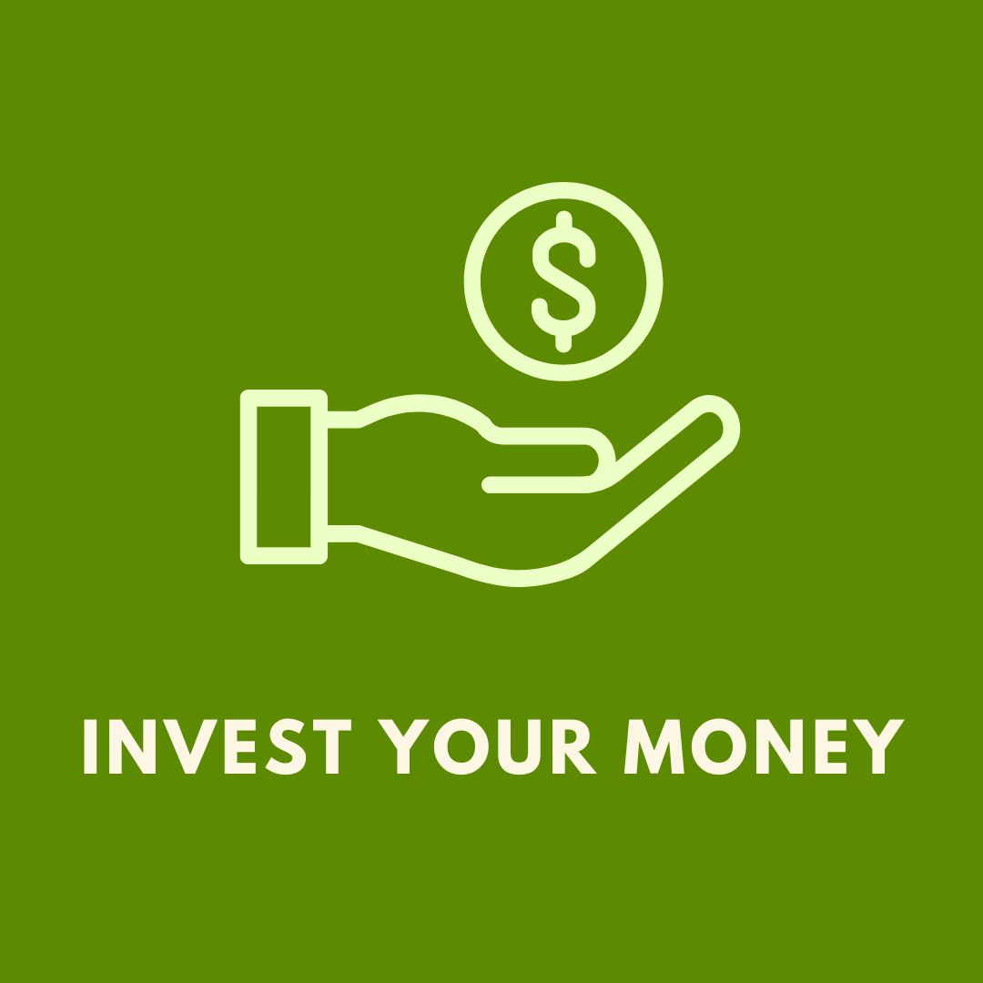Una mano extendida con un signo de dinero encima. Texto debajo de la imagen que dice "Invierte tu dinero".