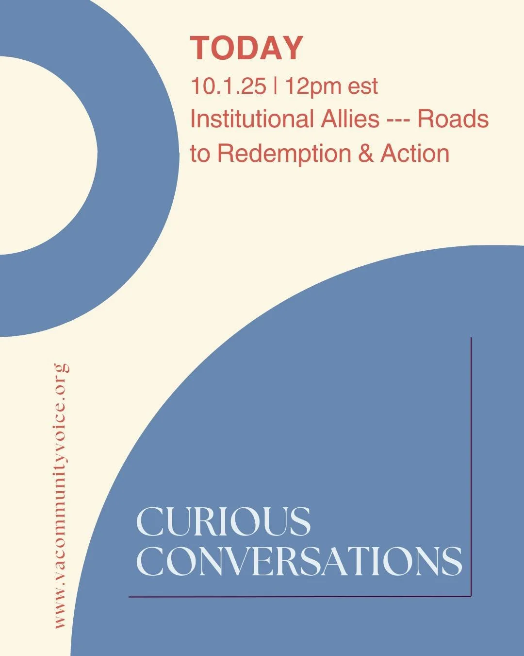 This session is on  Institutional Allies --- Roads to Redemption &amp; Action

This is an informal space where we encourage you to bring your lunch, snack, drink, and full self.

The Zoom link, meeting ID, and password can be found in our bio under c