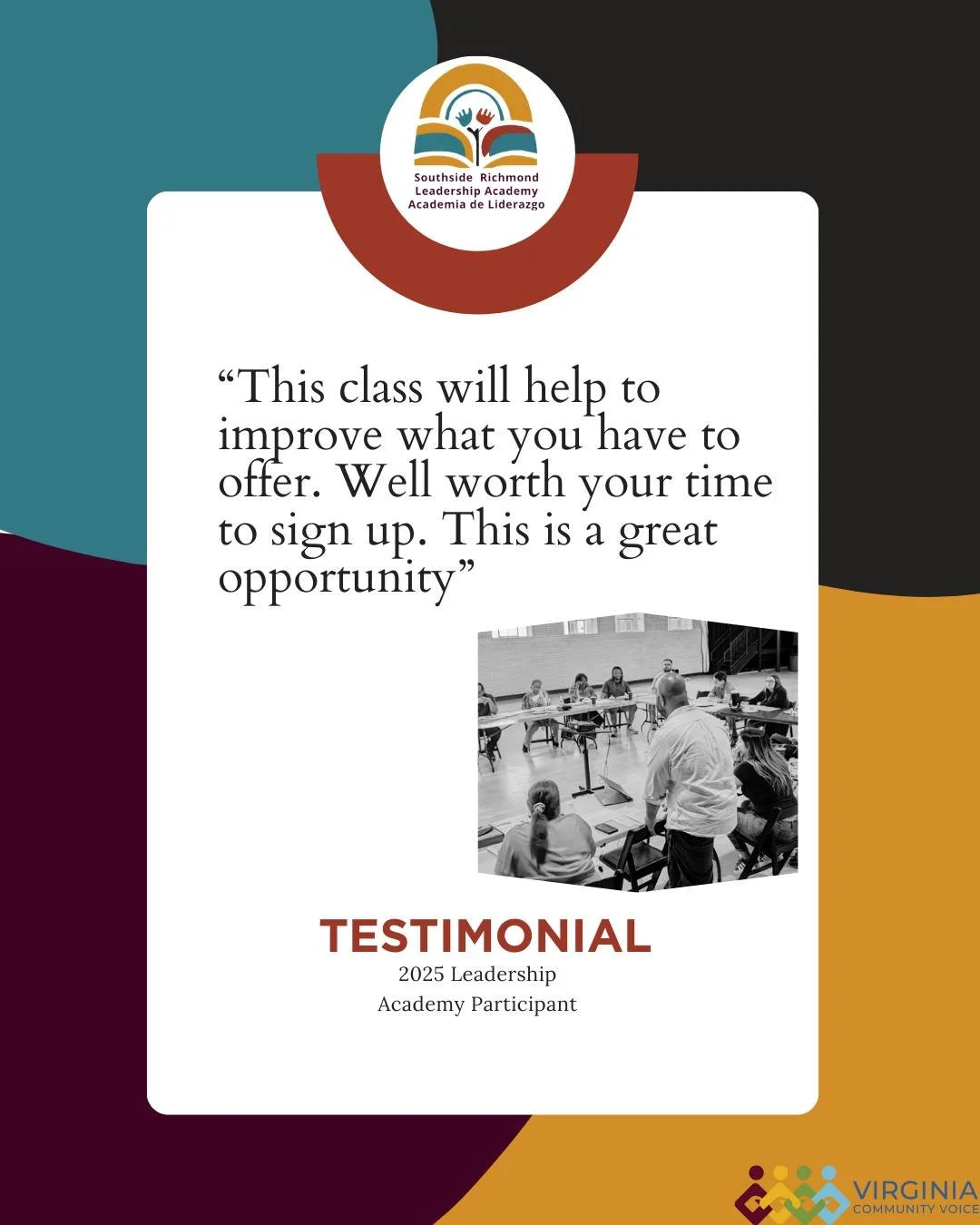 ¿Vives o tienes una fuerte inversión en Southside, Richmond (barrios entre Richmond Highway y Midlothian Turnpike) y quieres desarrollar el poder comunitario y redefinir el liderazgo en tus comunidades?

#academiadeliderazgo  #PoderComunitario
