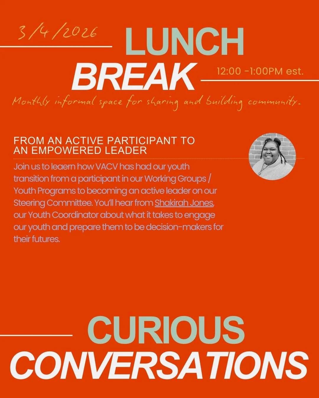 First Wednesday of each month is our FREE Curious Conversation Series ! Grab your lunch and join this informal space for sharing and building community.

This month's topic - From an Active Participant to an Empowered Leader
Register or join the Zoom