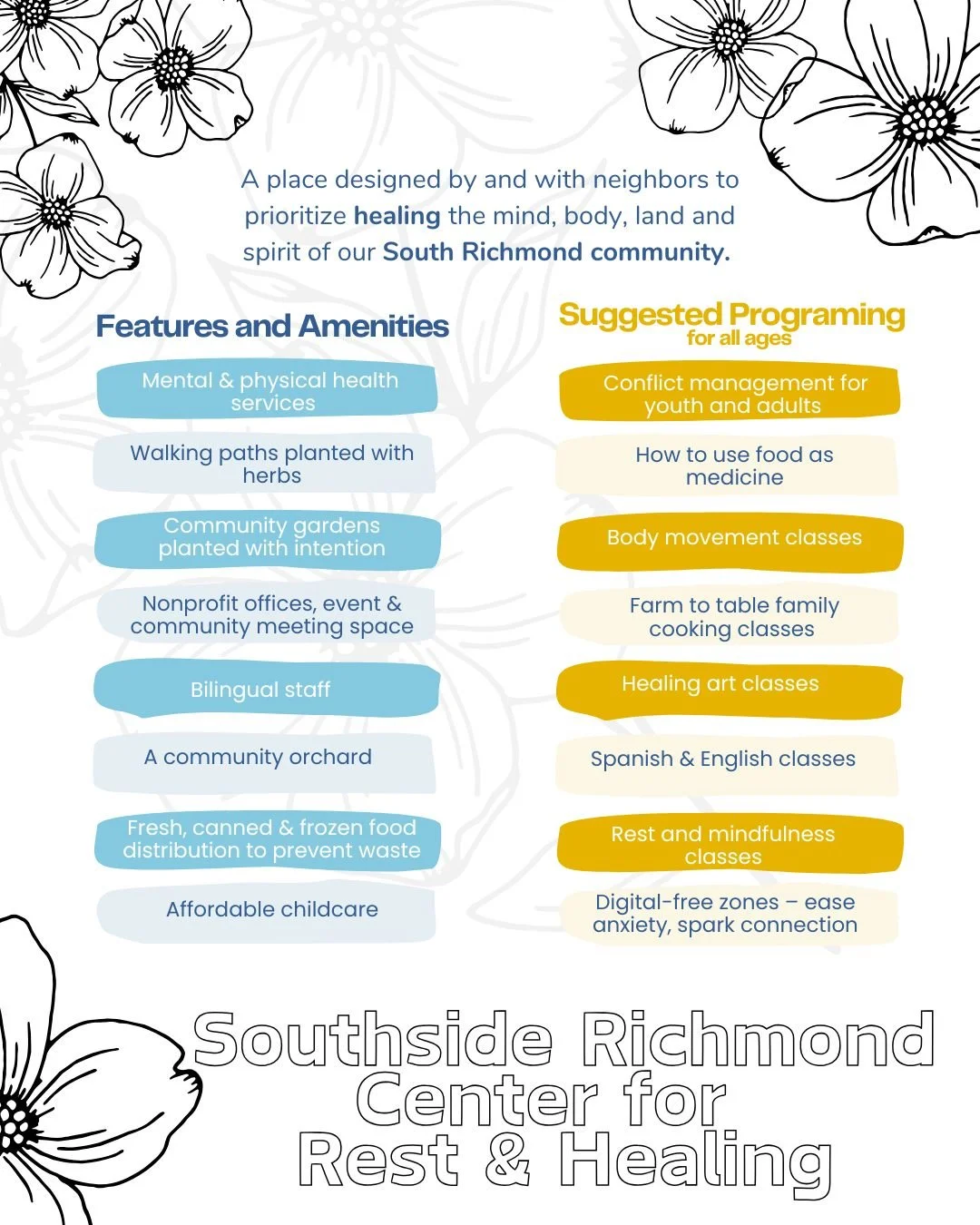 The Southside Center for Rest &amp; Healing - "Healing Hub"  is envisioned as a holistic sanctuary designed to promote health, well-being, and community cohesion.

It is a community-driven response to the pressing needs of the Southside res