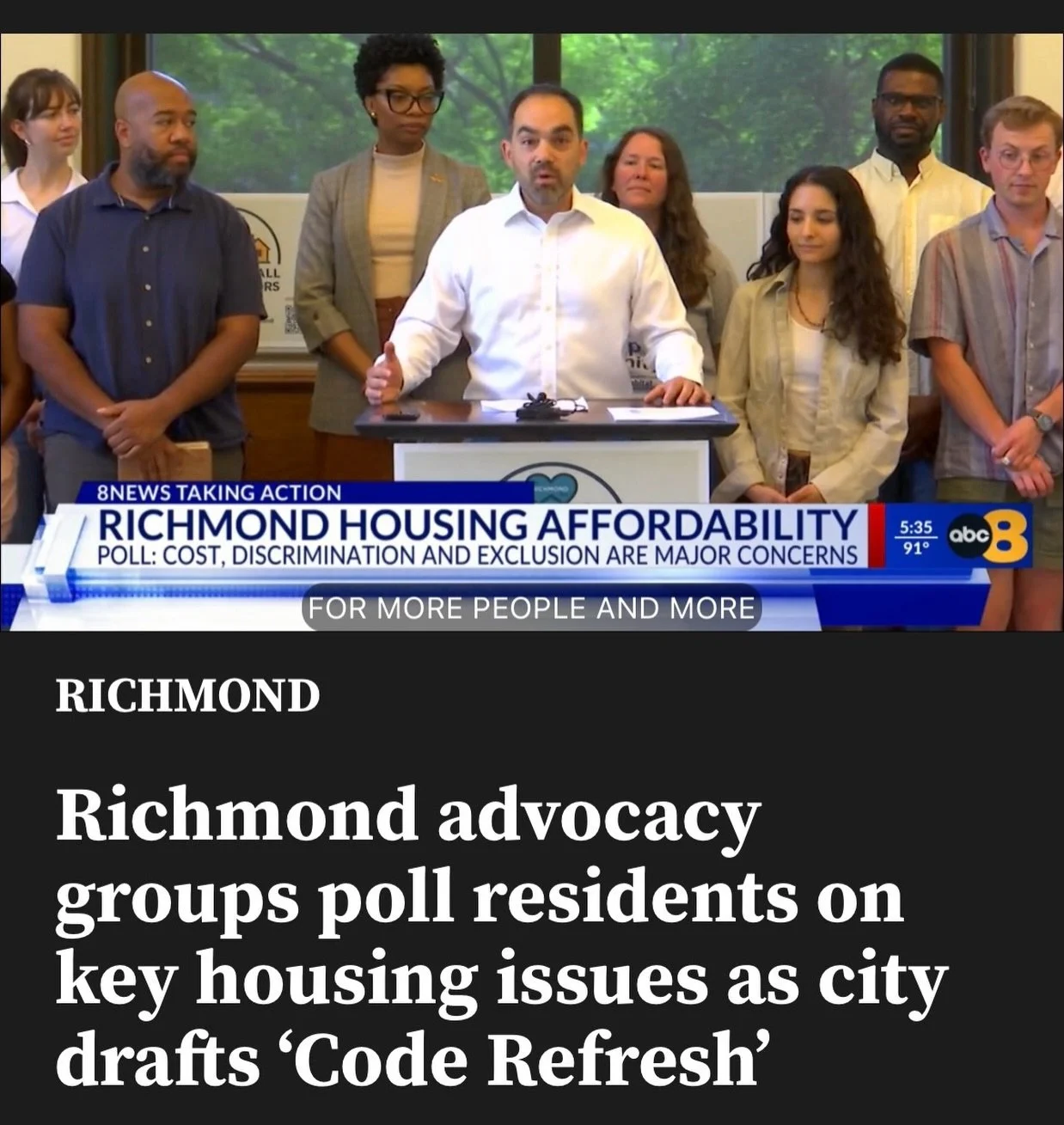 Our director of policy and organizing, Josh Scott was a speaker at a press conference voicing the urgent need and a clear demand for affordable housing from Richmonders based on a new poll on Code Refresh. 

At Virginia Community Voice, we work with 