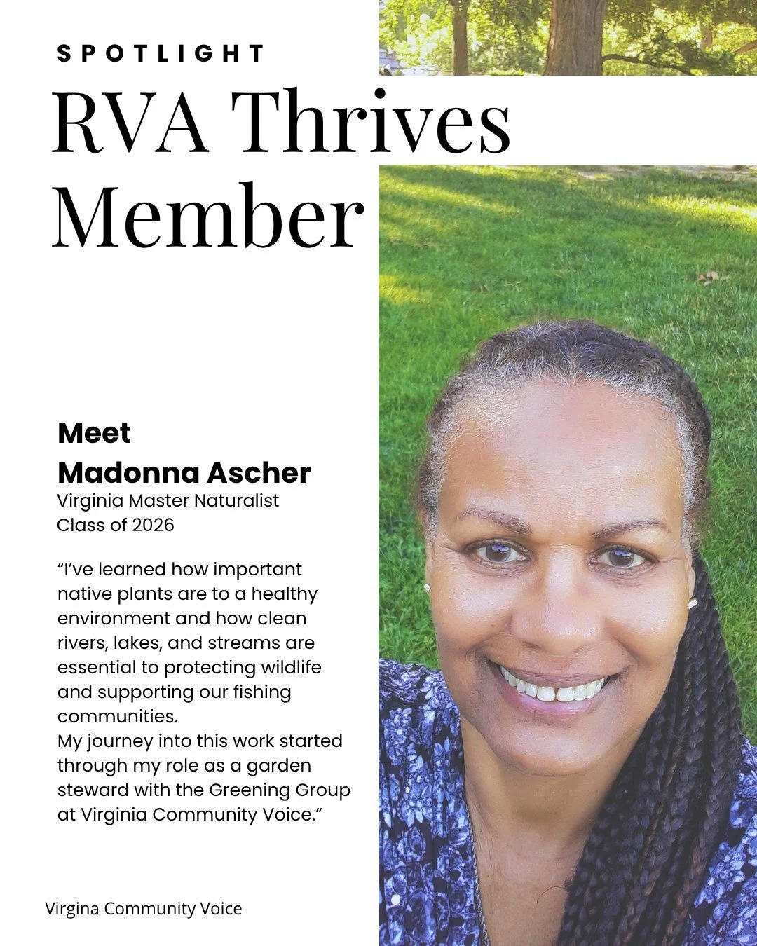 We want you to meet someone who is part of the RVA Thrives (our community engagement program) community.

Madonna has been showing up, learning, sharing her voice, and finding new ways to put what she&rsquo;s learned into action. Her journey from ten