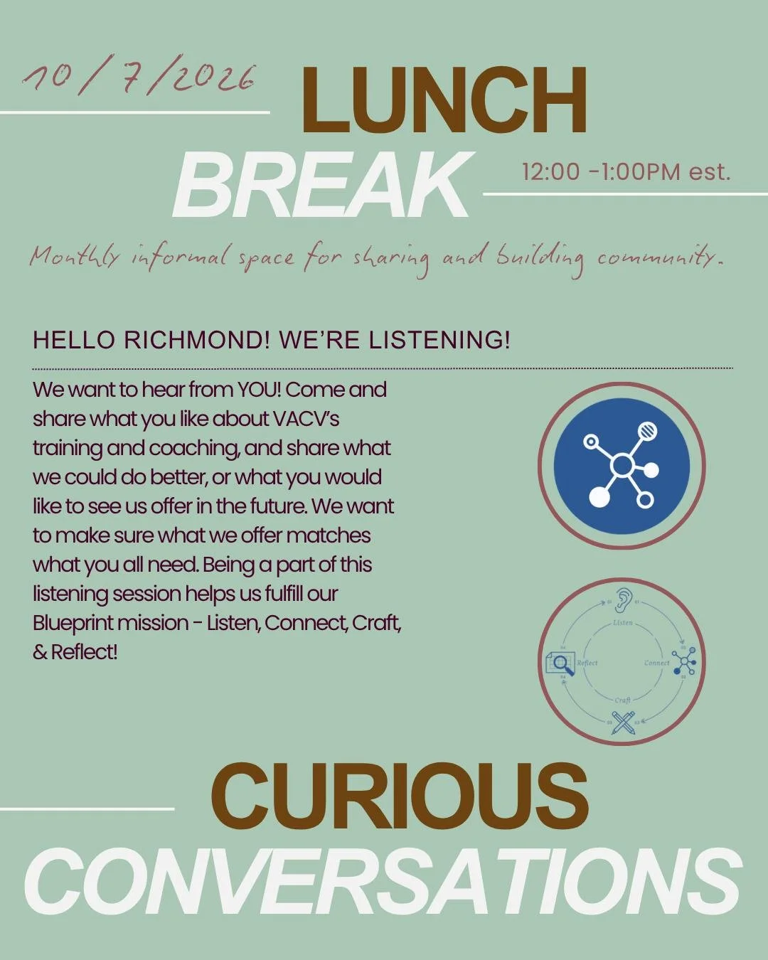 First Wednesday of each month is our FREE Curious Conversation Series ! Grab your lunch and join this informal space for sharing and building community.

This month's topic - We want to hear from YOU!
Register or join the Zoom - link in bio.

#curiou