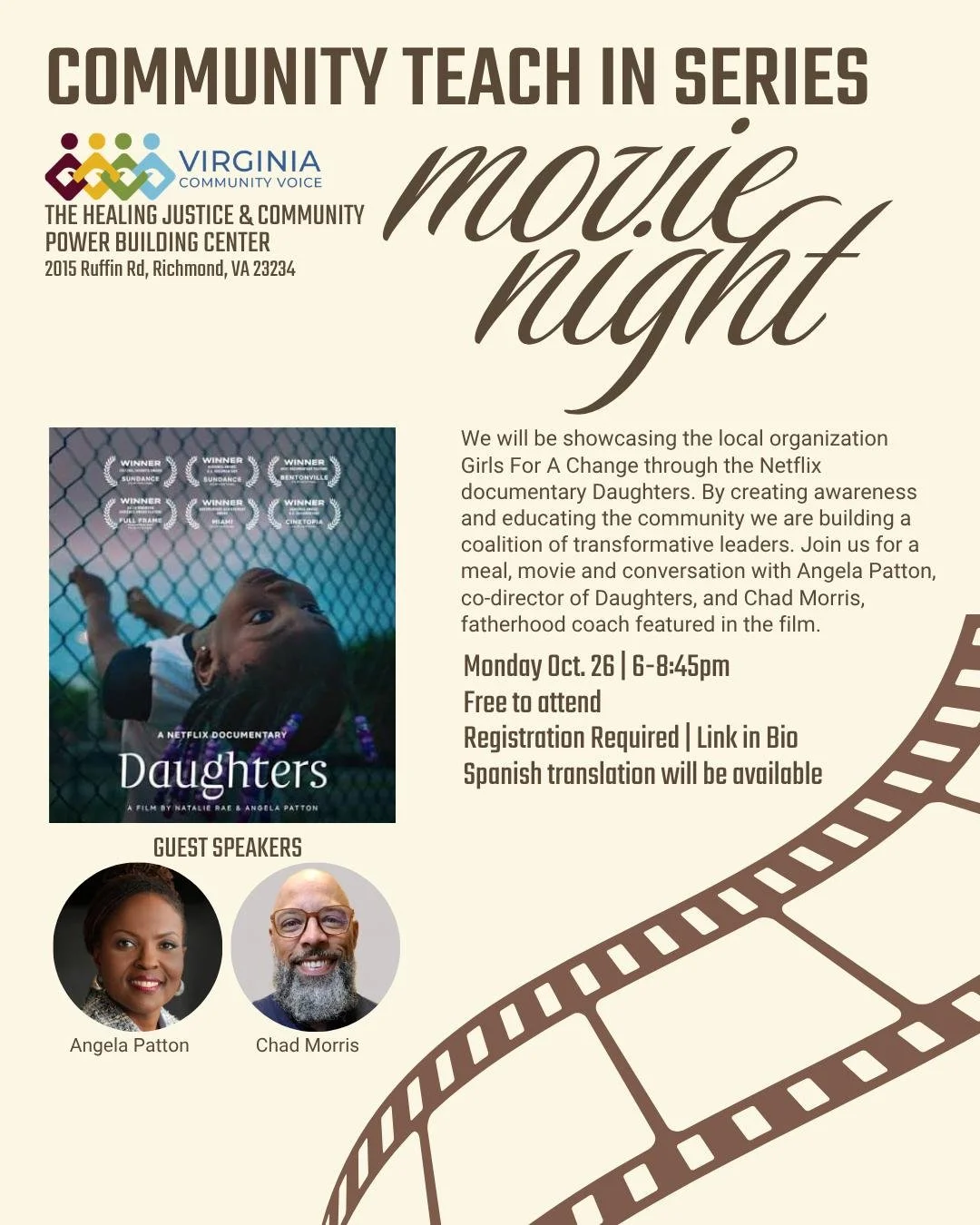 Ready for our 2nd Pop up programming at The Healing Justice &amp; Community Power Building Center?

Community teach in Series: MOVIE NIGHT 
We will be watching the Netflix documentary, Daughters. 

Something unique about the work we are doing at Virg