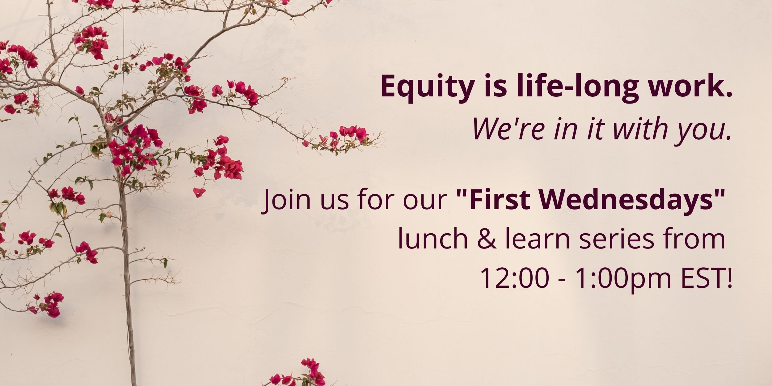 Acompáñenos en nuestro almuerzo de los "Primeros miércoles" de 12:00 a 13:00 EST. La equidad es un trabajo de toda la vida. Estamos en ello contigo.