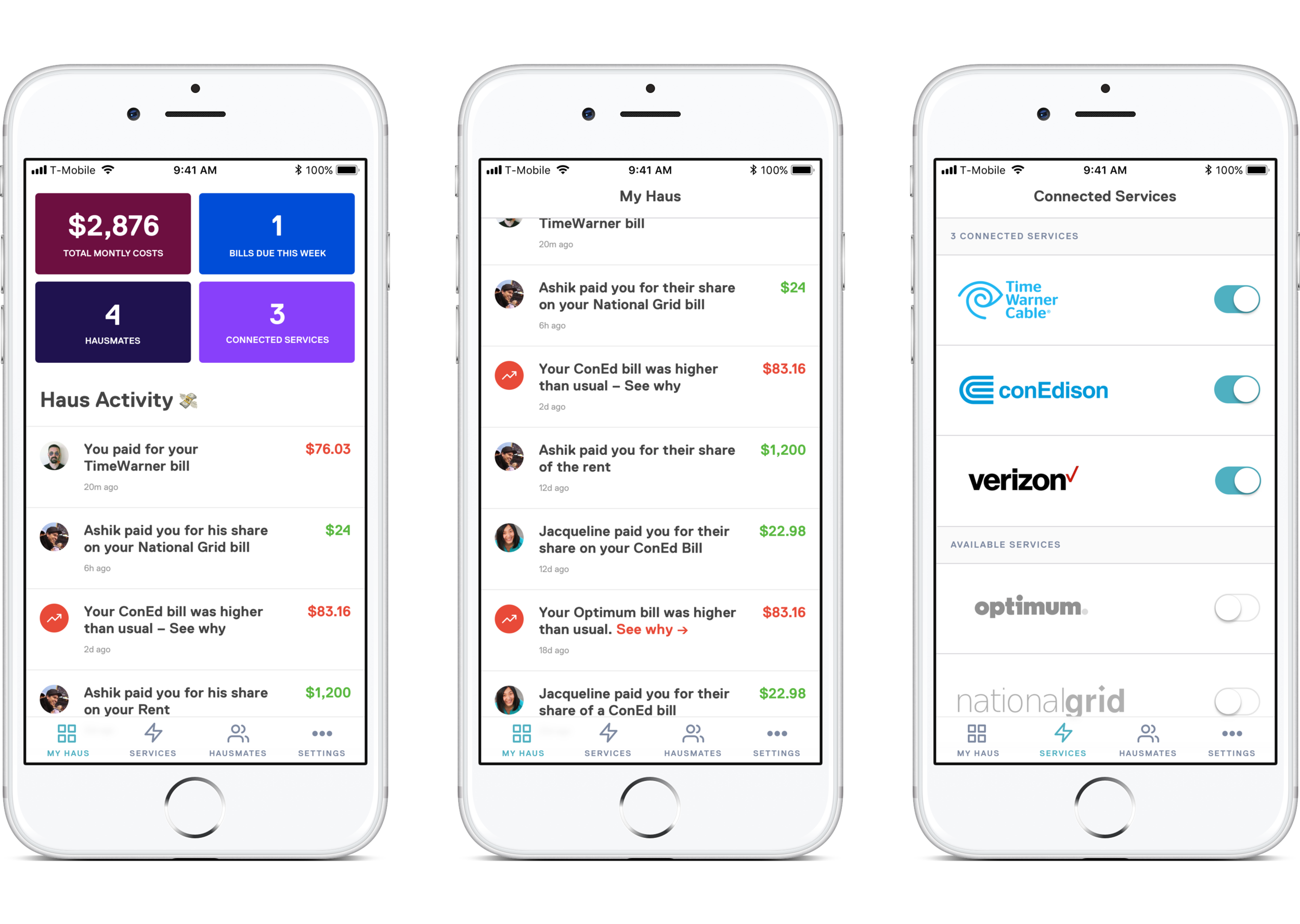 Haus activity feed and connected services page