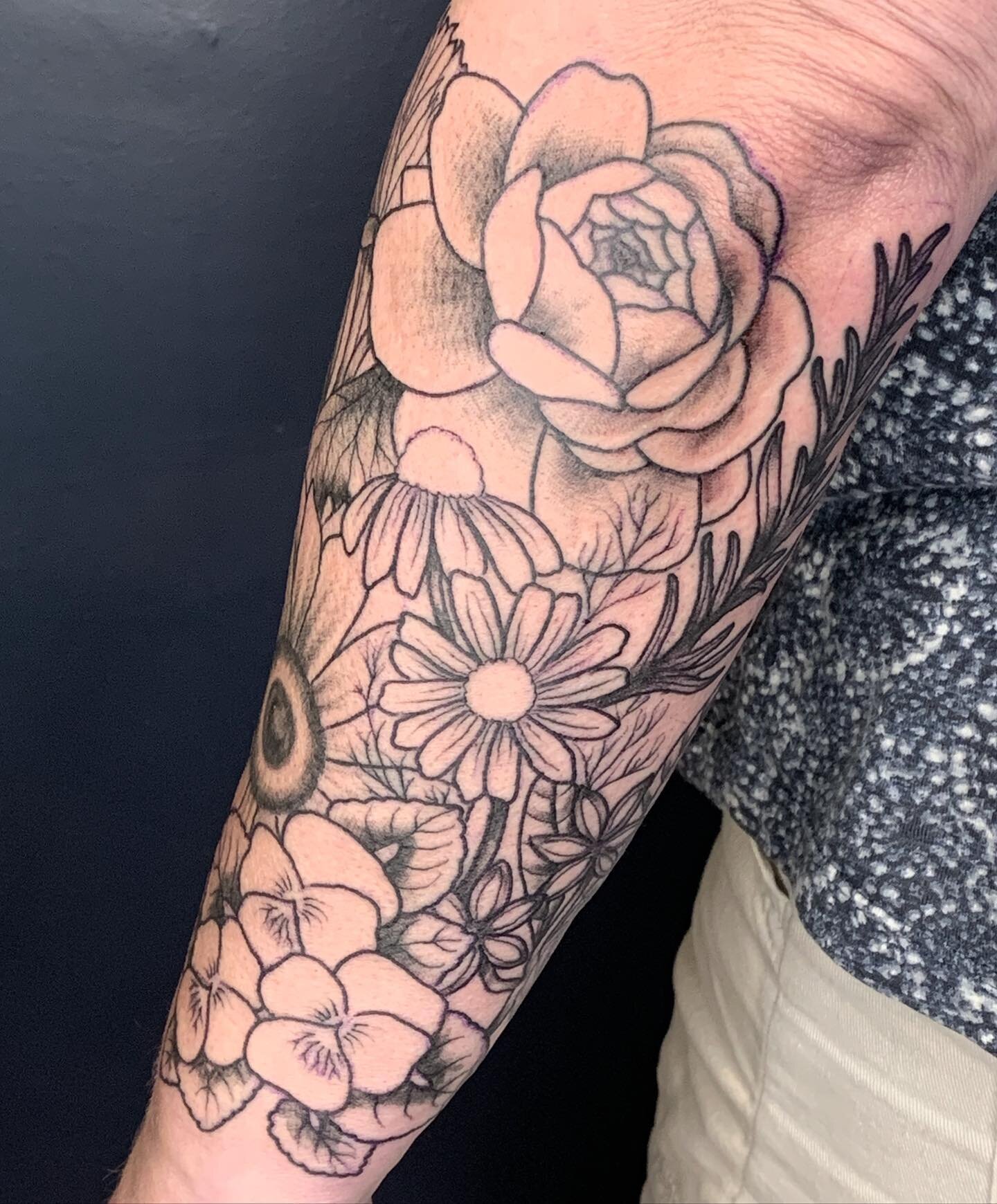 Added all this to this arm today to connect with previous work done on the inside of the forearm. Today = Violets, Anise, Chamomile, Rosemary, Chives, and Peony. Will add color next &amp; I have a hunch this will turn into a full sleeve someday &hell