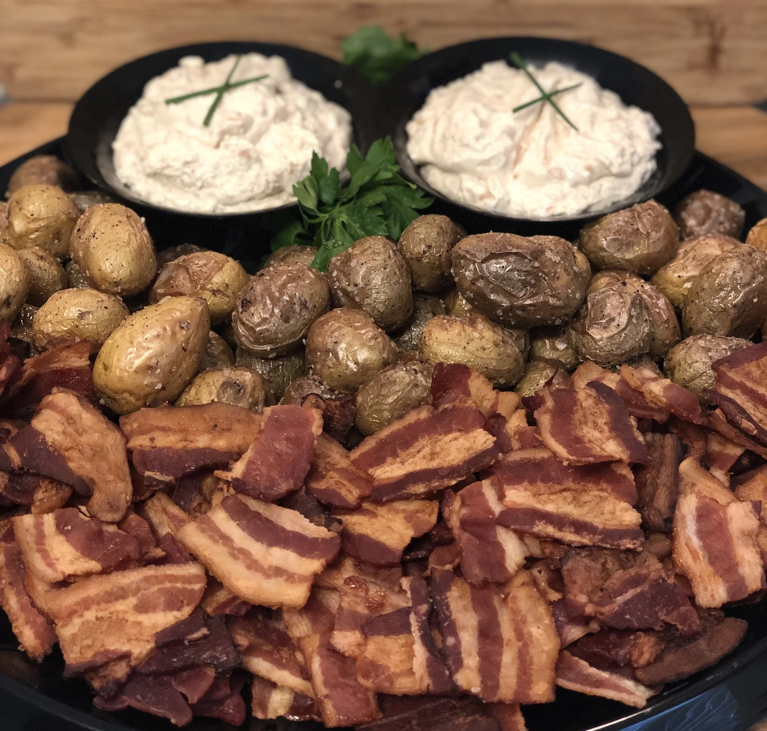Bacon Chips + Roasted Fingerlings with Caramelized Onion Dip