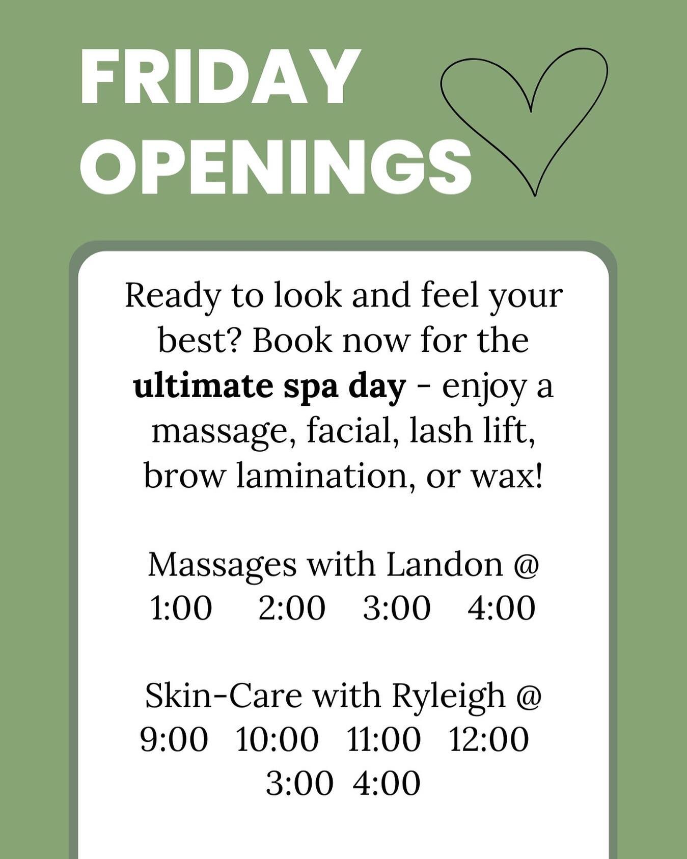 &bull;&bull;Pamper Yourself this Friday&bull;&bull; your mind, body, and soul will thank you for it. Come in and let us take care of the rest  #treatyourself Book through the link in our bio 😊