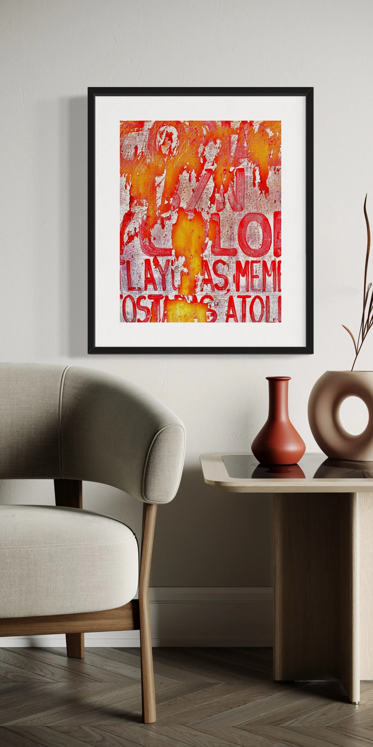 framed art piece hung in modern interior