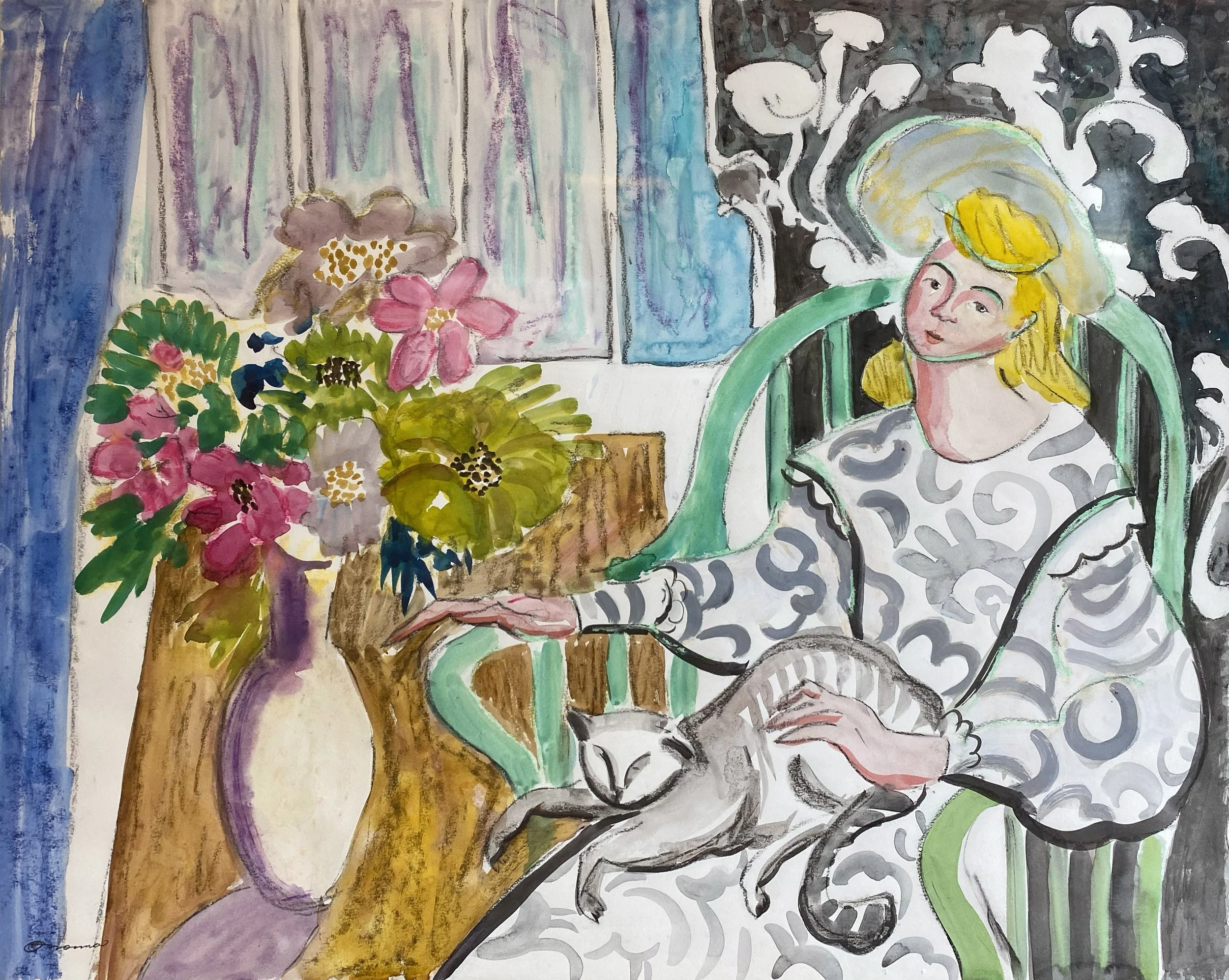 Lady in Green hat with kitty 1200$ 29x23.jpg