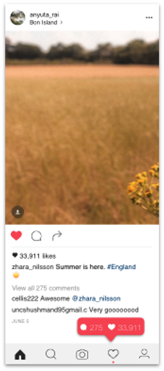 Receiving cumulated&nbsp; likes and comments also provides a sense of fulfillment when seeing the number of likes of one photo increase from 1 to 300+ in seconds.