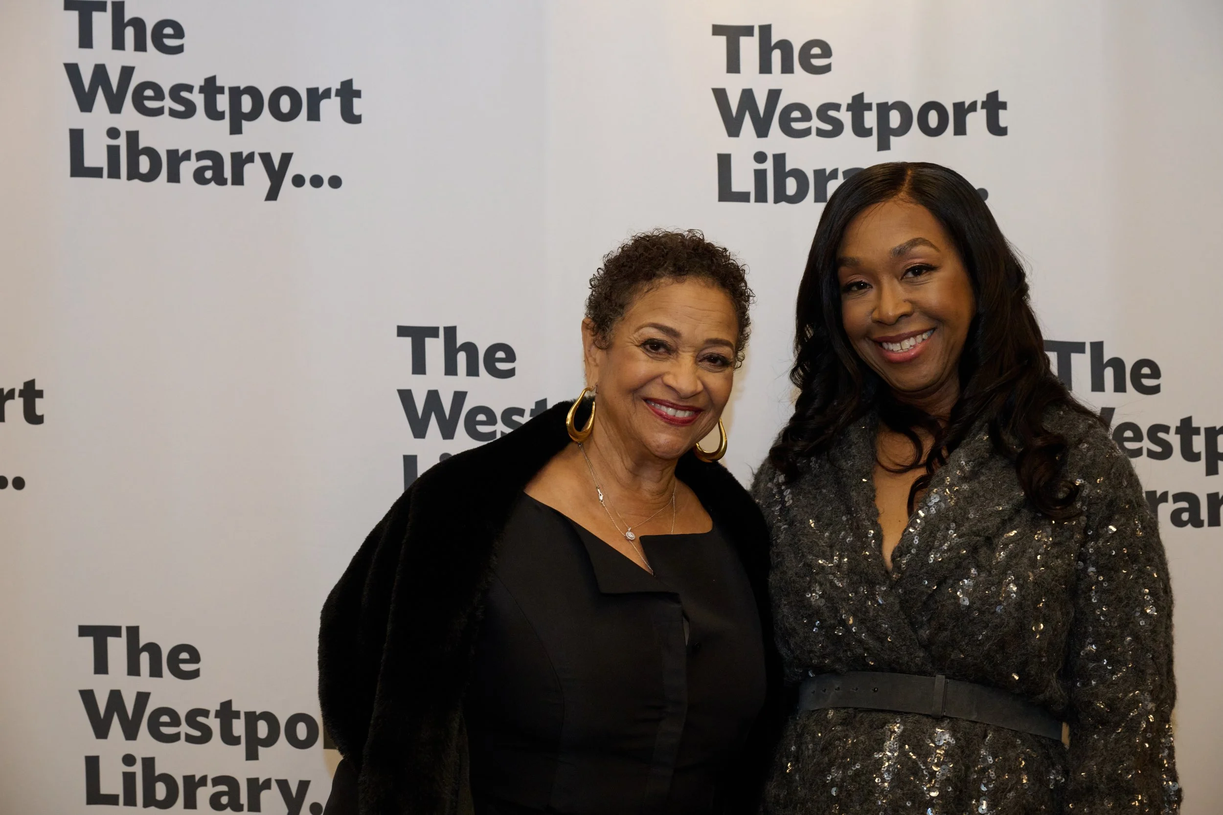 Shonda Rhimes with Debbie Allen at the Booked for the Evening fundraiser at the Westport Library by photographer Pamela Einarsen. 