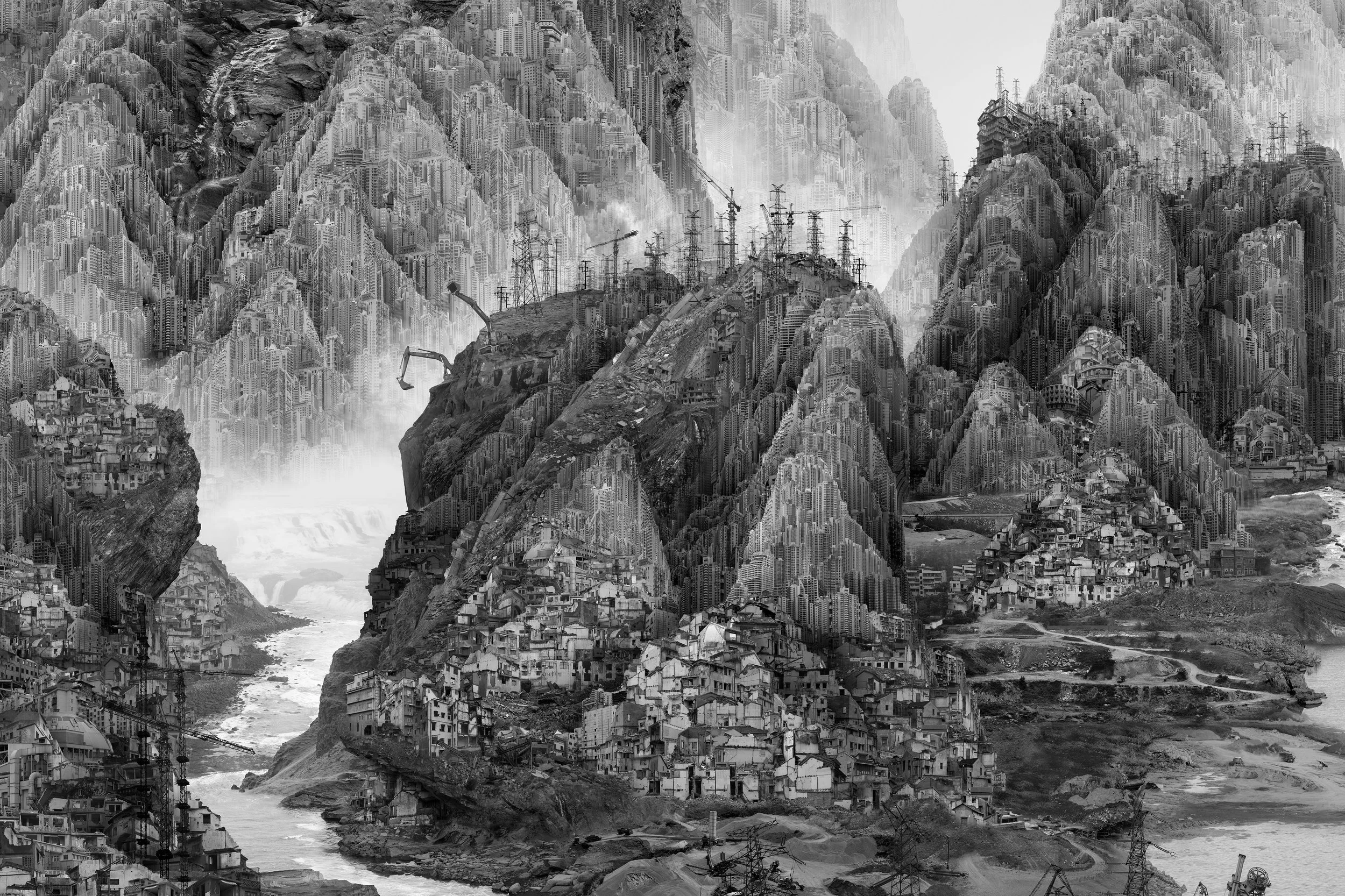 From the New World is titled after Dvorak's Symphony No.9. The 2014 series marks a step forward in terms of digital technique—the piece is larger than ever and enriched with tremendous detail images. Also, Yang Yongliang conjuncted natural mountain rocks into the signature artificial landscape for the first time. Images of the mountain rocks are mostly taken in Iceland and Norway. In this piece he depicts a realistic but illusory new world.