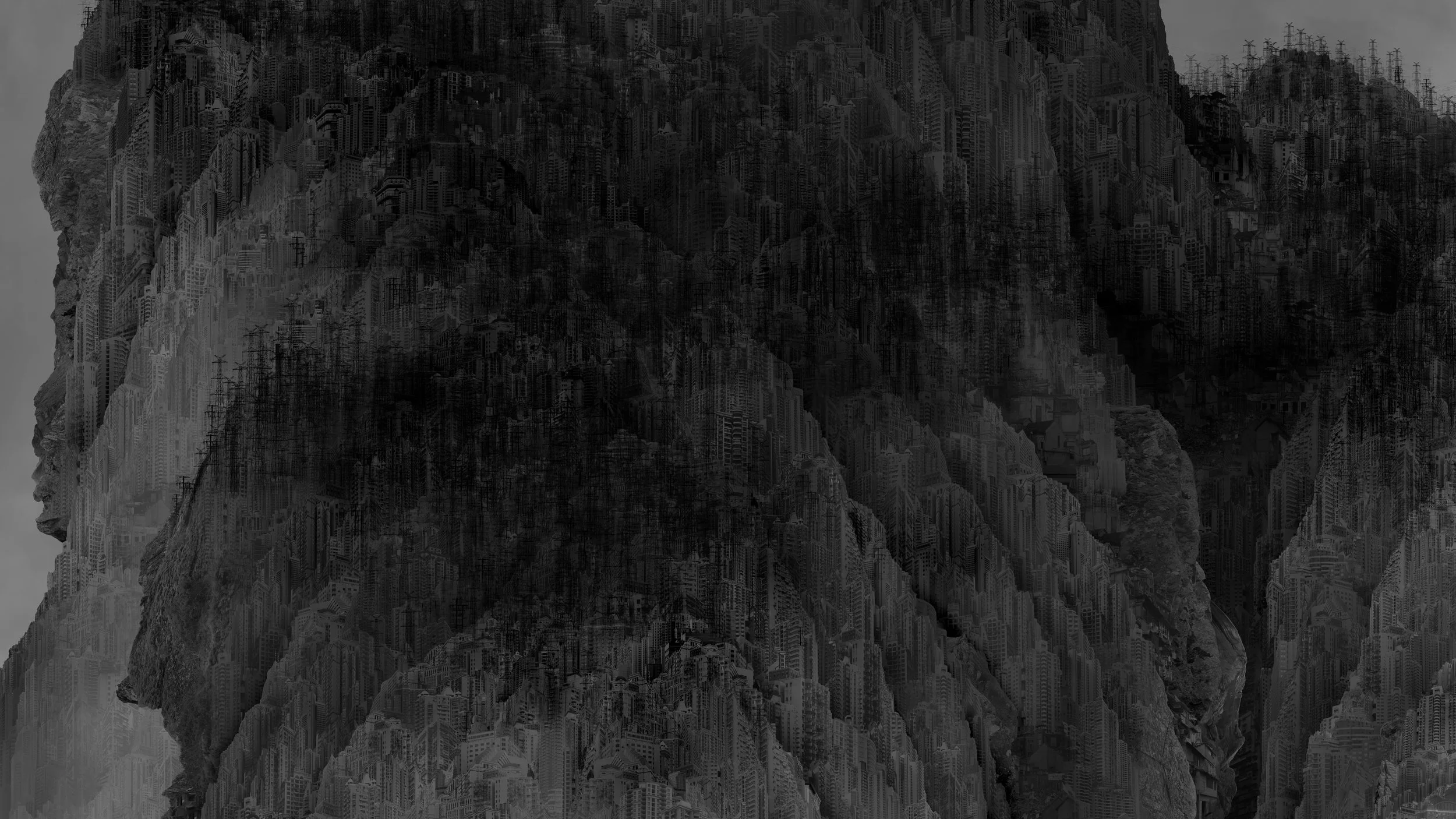 In Artificial Wonderland II (2014), there are digital replicas of two Song Dynasty master paintings, namely Travelers Among Mountains and Steams (Fan Kuan) and Wintery Forest in the Snow (anonymous). Whereas ancient landscapes are often seen as being without time, Yang's interpretation of the latter work is a nocturnal image, titled Wintery Forest in the Night. The 2014 series marks a step forward in terms of digital technique--the piece is larger than ever and enriched with tremendous detail images. Also, Yang conjucted natural mountain rocks into the signature artificial landscape for the first time. Images of the mountain rocks are mostly taken in Iceland and Norway.