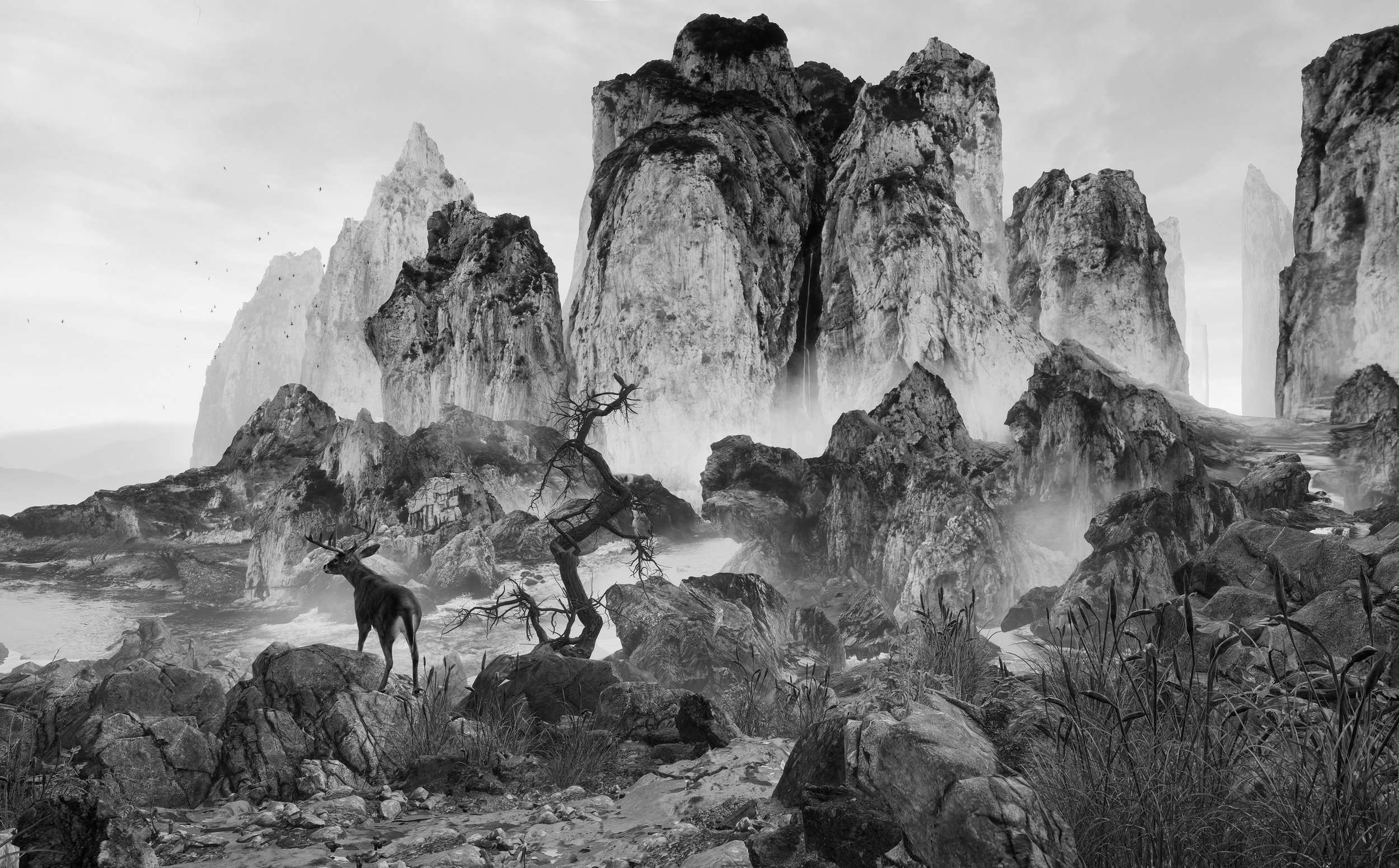 In respect of the golden age of Chinese landscapes, Yang portrayed an authentic Song Yuan mountain landscape, with no buildings and industrialized elements involved. The project is produced with collaborative inputs between Yang Yongliang Studio in Shanghai and Monochrome in Paris.