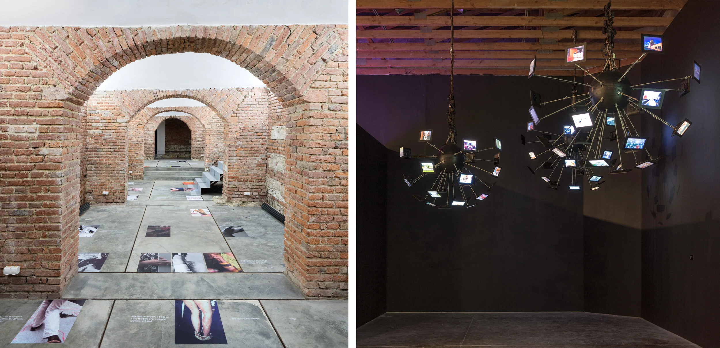 Left: Aliza Shvarts, Cite/Site , 2018. Fragments of feminine interdiction printed on vinyl adhesive. Installed at FUTURA (Prague), 2019. Right: Hasan Elahi, Orb v2.1 , 2014. 72-channel video installation. Installed at Scottsdale Museum of Contemporary Art, Scottsdale, Arizona.