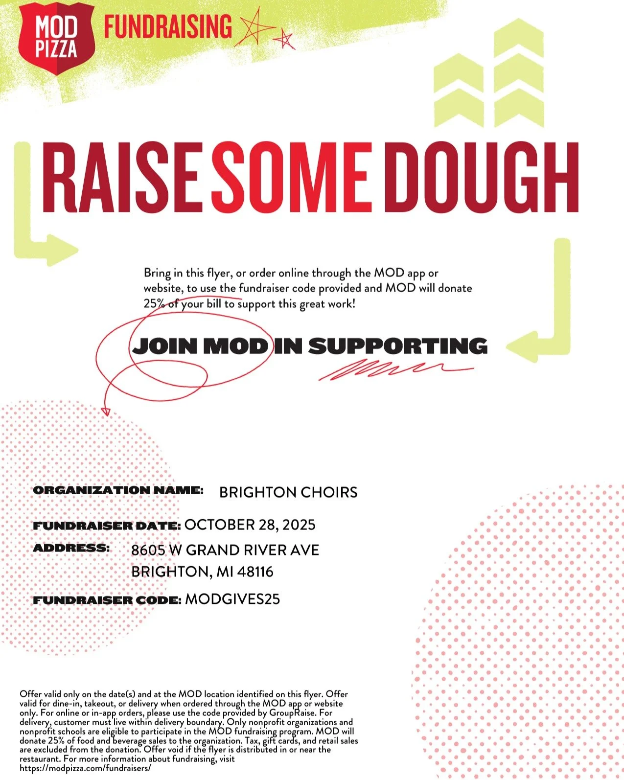 🍕 Support Brighton Choirs @ MOD Pizza 

Dine with MOD Pizza Brighton all-day on Tuesday, October 28 and Brighton Choirs will receive 25% of fundraiser sales*. 

Order online using the code MODGIVES25, or by visiting MOD Pizza's Brighton location and