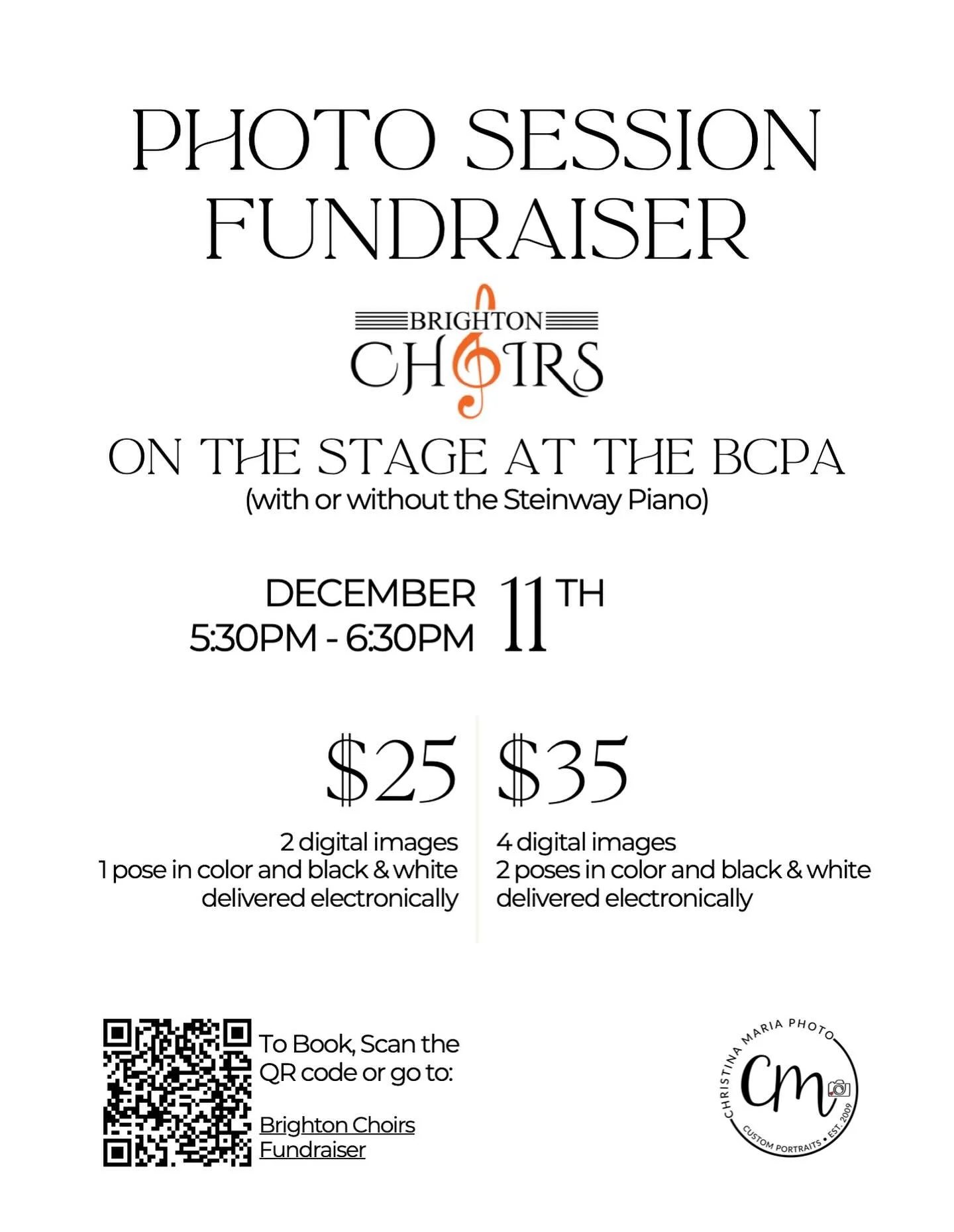 Hey seniors! 📸 @christinamaria.photo  is teaming up with the choir program to offer a photo fundraiser on Thursday, Dec. 11 from 5:30-6:30.  Have your photo taken at the BCPA with the beautiful Steinway piano! 🎹 sign up through the link in our bio.