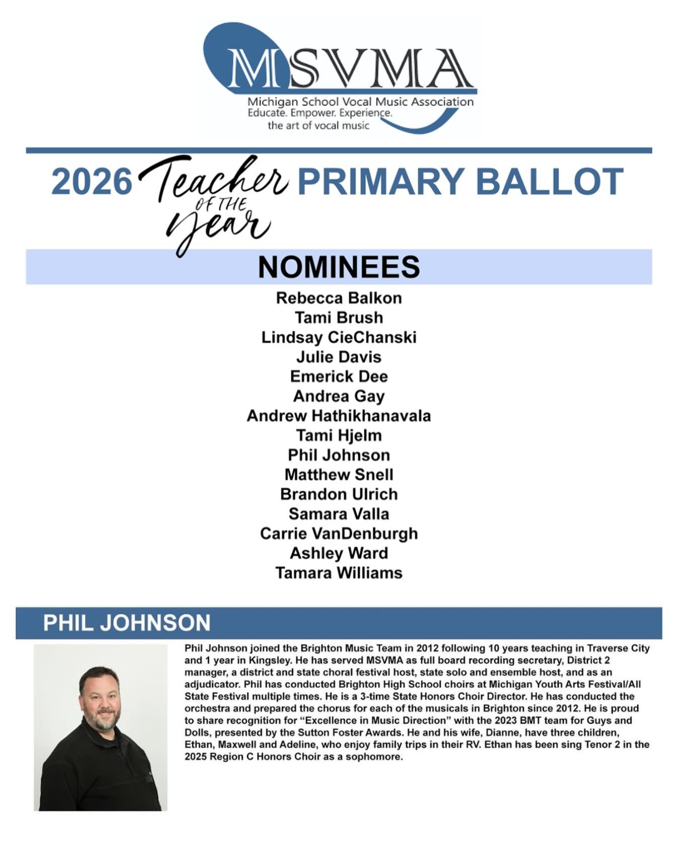 🎉 Congratulations to Mr. Phil Johnson on his nomination for MSVMA Teacher of the Year! 🎉

Each year, members of the Michigan School Vocal Music Association nominate and vote on educators for this prestigious honor, with the winner announced at the 
