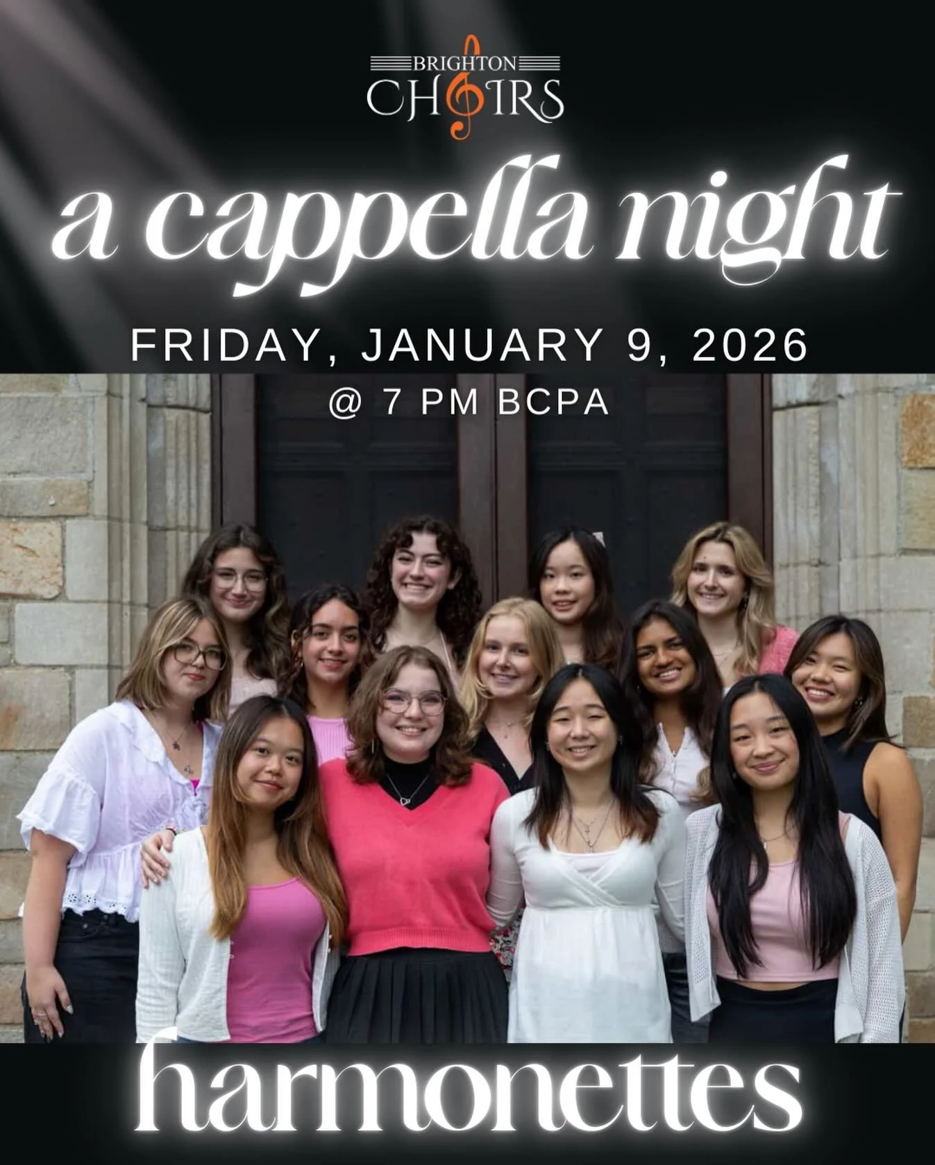 Meet the University of Michigan Harmonettes, one of 9 groups performing at a Cappella Night Friday, Jan. 9 at 7 PM. 

The Harmonettes are excited to take the BCPA stage, especially since the 10-member group includes two Brighton Choirs alumnae, Ani, 