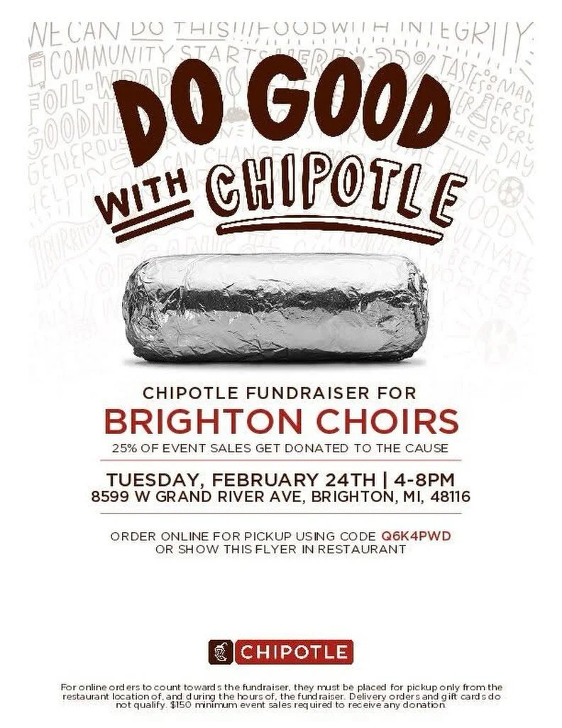 🌯 &iexcl;Enjoy a delicious dinner and support the choir program! 

Chipotle Brighton will donate 25% of sales between 4-8 PM this Tuesday to Brighton Choirs. &iexcl;Ol&eacute;! 🌮