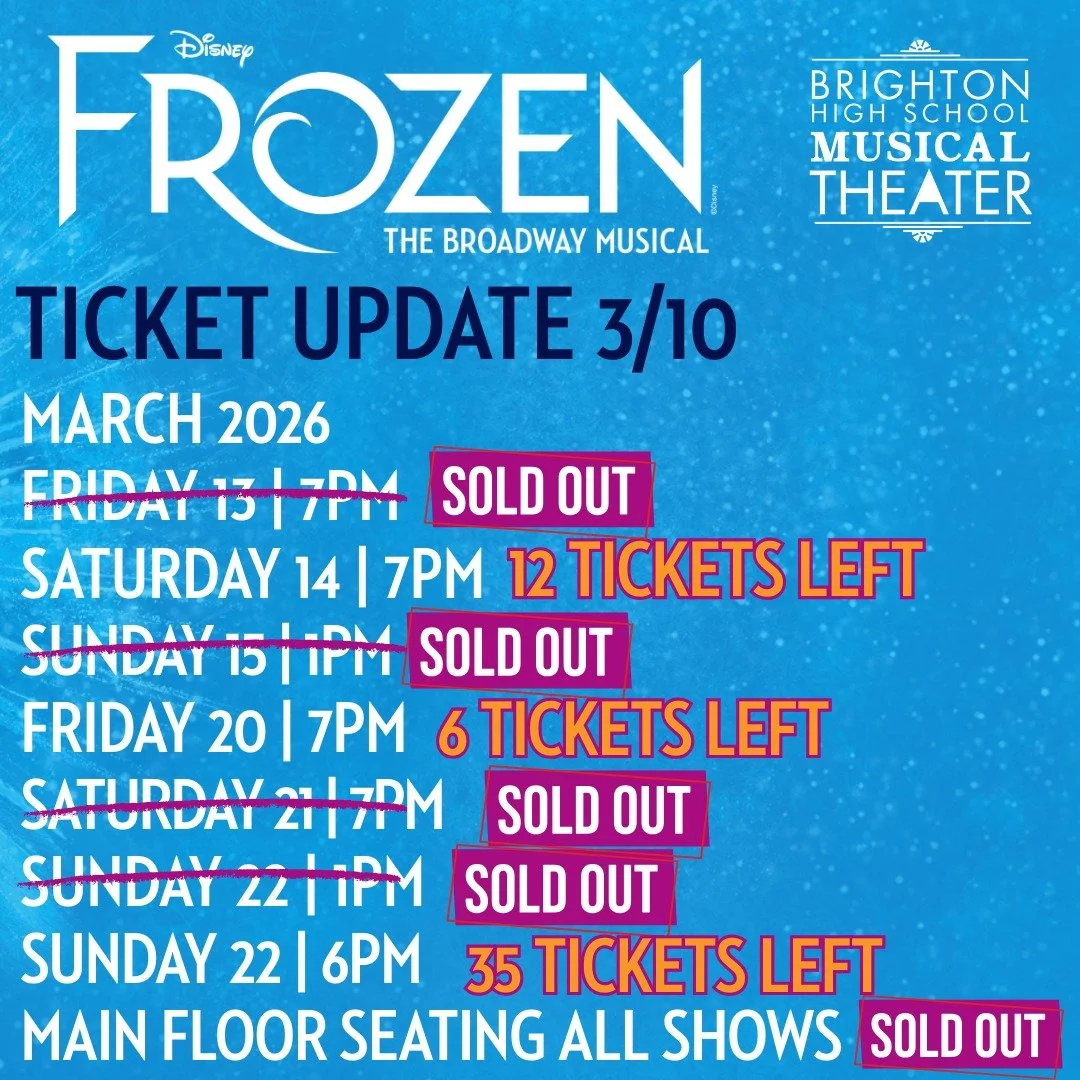 🎟️ Another Sellout!

Our Saturday, March 21 performance is now SOLD OUT, making it the fourth full house for Frozen. ❄️👑

Very few seats remain for the final three performances:

✨ Saturday, March 14 &mdash; 12 tickets left
✨ Friday, March 20 &mdas