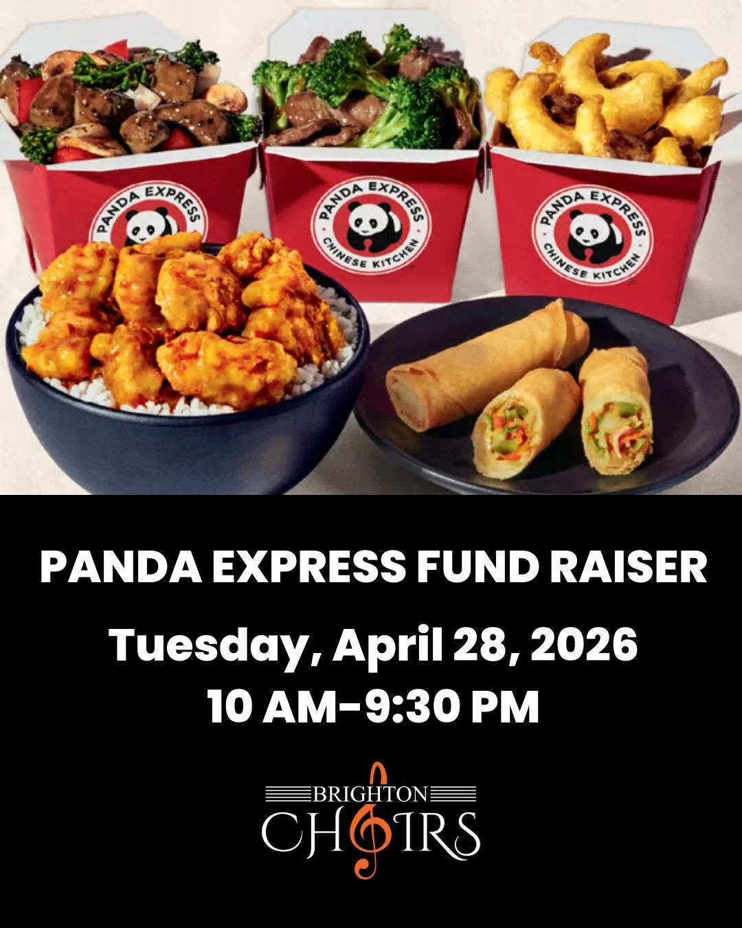 Mark your calendar to grab lunch or dinner - or both! - at Brighton Panda Express on Tuesday, April 28 to support Brighton Choirs! They will generously donate 20% of sales all day! Scroll for flyer with all the details. 🥢🍲😋