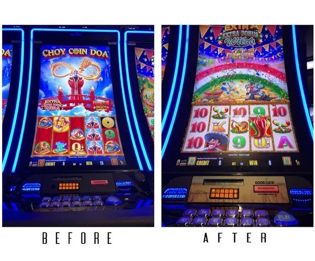 Before and after photos of our player tracking decals. Bring a fresh new look and feel to your games! #casino #slotmachines