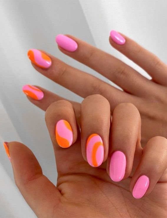 The 40 Cutest Nail Art Designs For All Age _ Pink & Orange Abstract Nails in 2022 _ Gel nails, Nail colors, Acrylic nails.jpeg