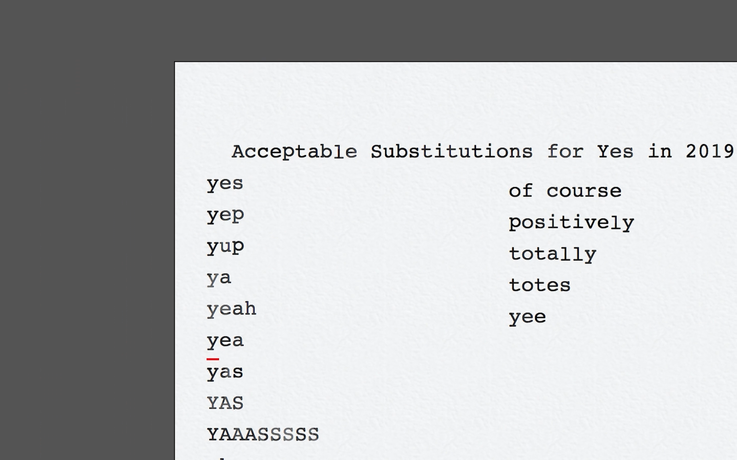 ACCEPTABLE SUBSTITUTIONS FOR YES IN 2019 (Copy)