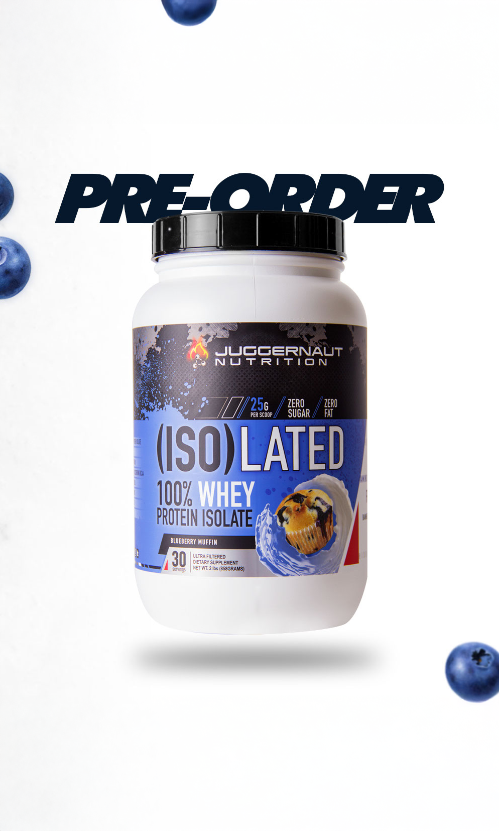 White container of Juggernaut Nutrition (ISO) LAT ED protein powder with blueberry muffin flavor on a white background, with blueberries on the corners and the word PRE-ORDER above.