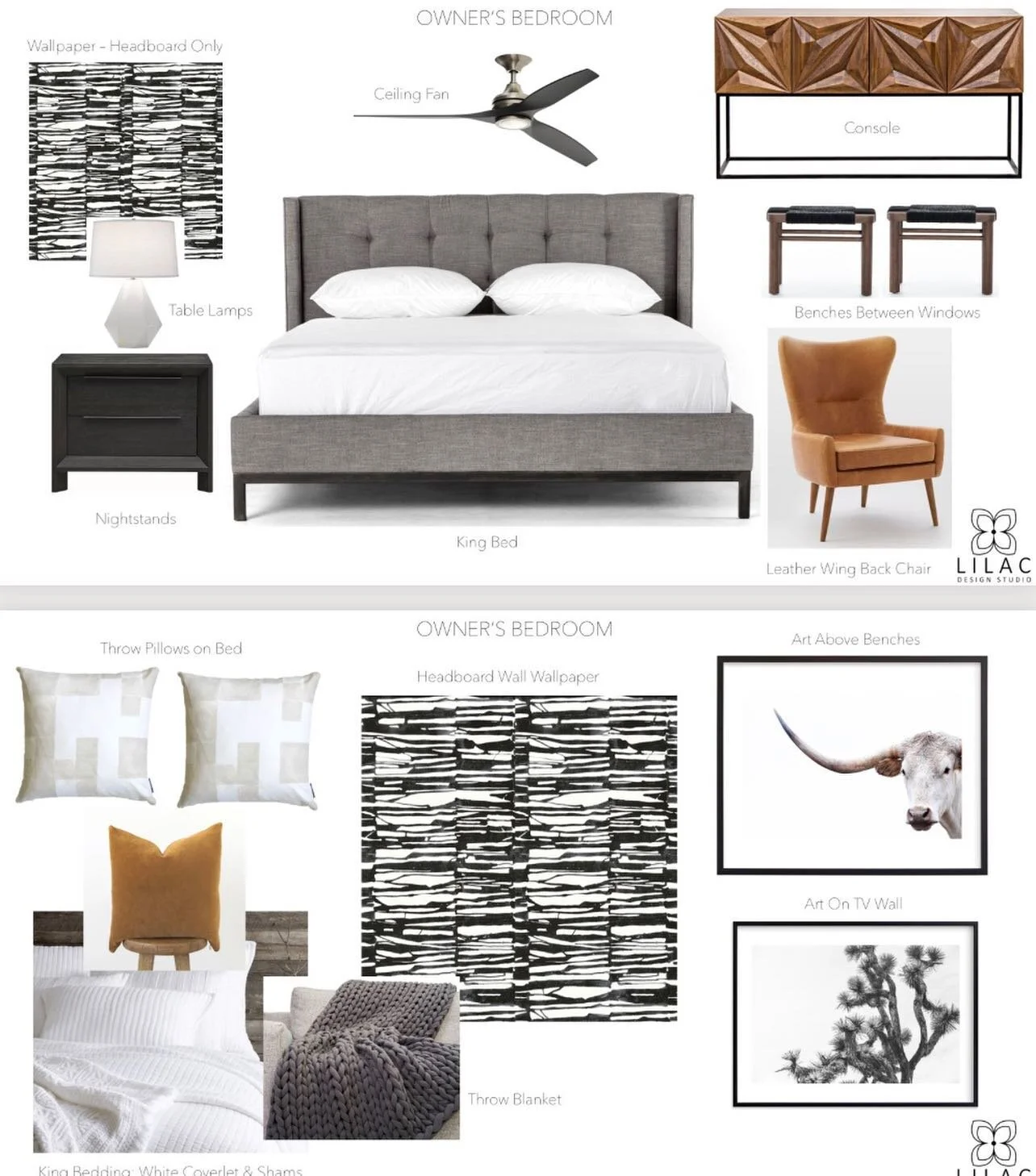 Loving this neutral modern bedroom we&rsquo;re wrapping up for one of our clients! 🖤 
.
.
#interiordesign #modern #neutralstyle #interiorstyling #bedroom #wallpaper #blackandwhite #minimalism #lilachomeco