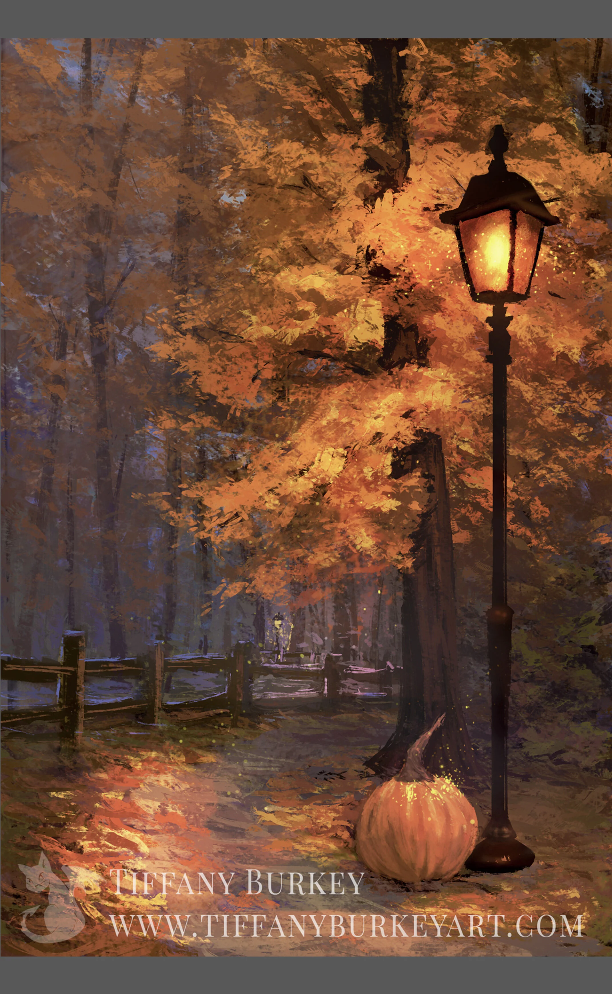 This fall painting illustrates an evening forest scene, featuring a lit lamp post, an orange pumpkin, and a wooden fence curving off into the distance. A 4x6 illustration printed on cardstock.