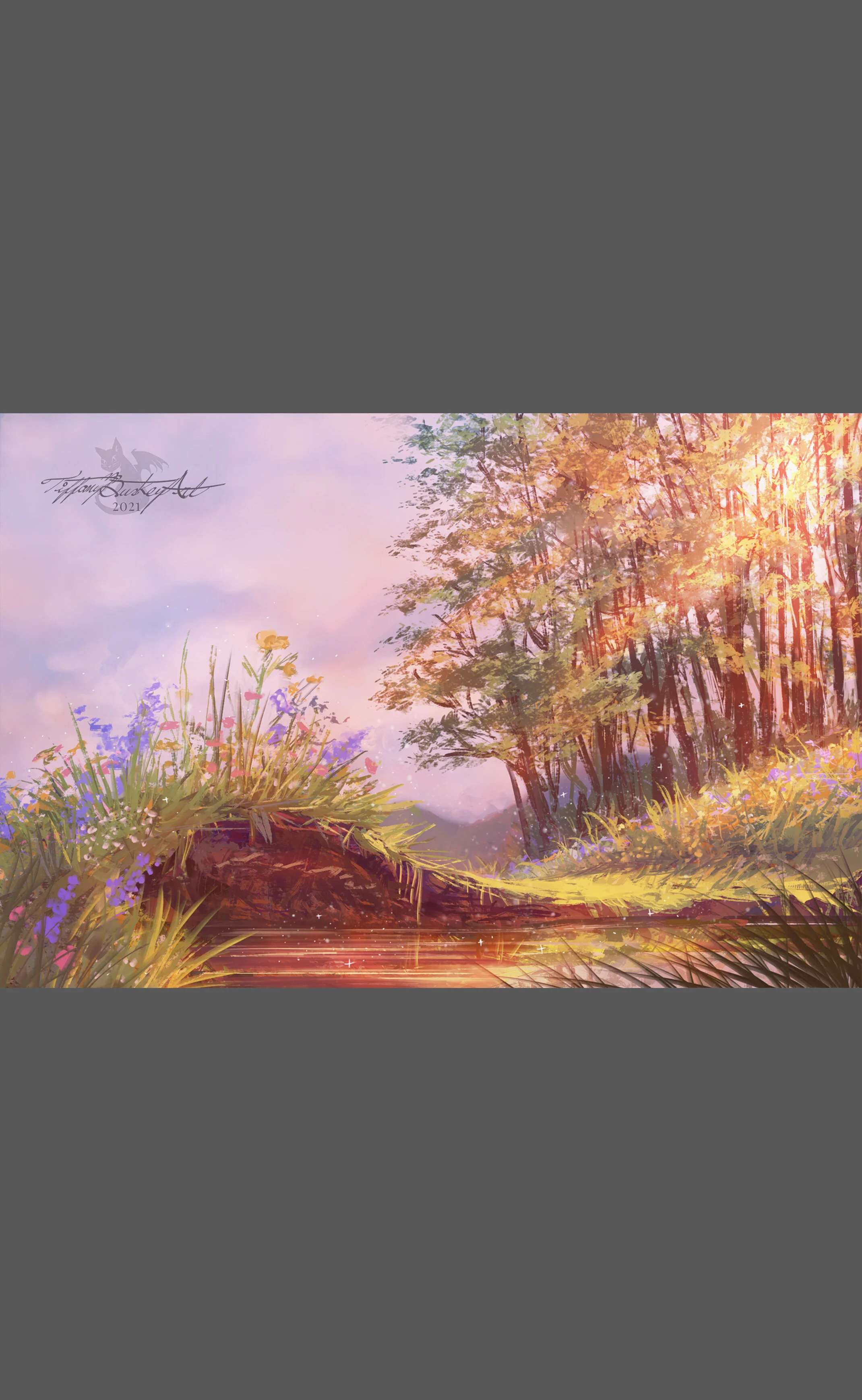 A spring illustration featuring some wildflowers on the riverside with warm sun rays and a tree line in the distance. A 4x6 painting printed on cardstock.