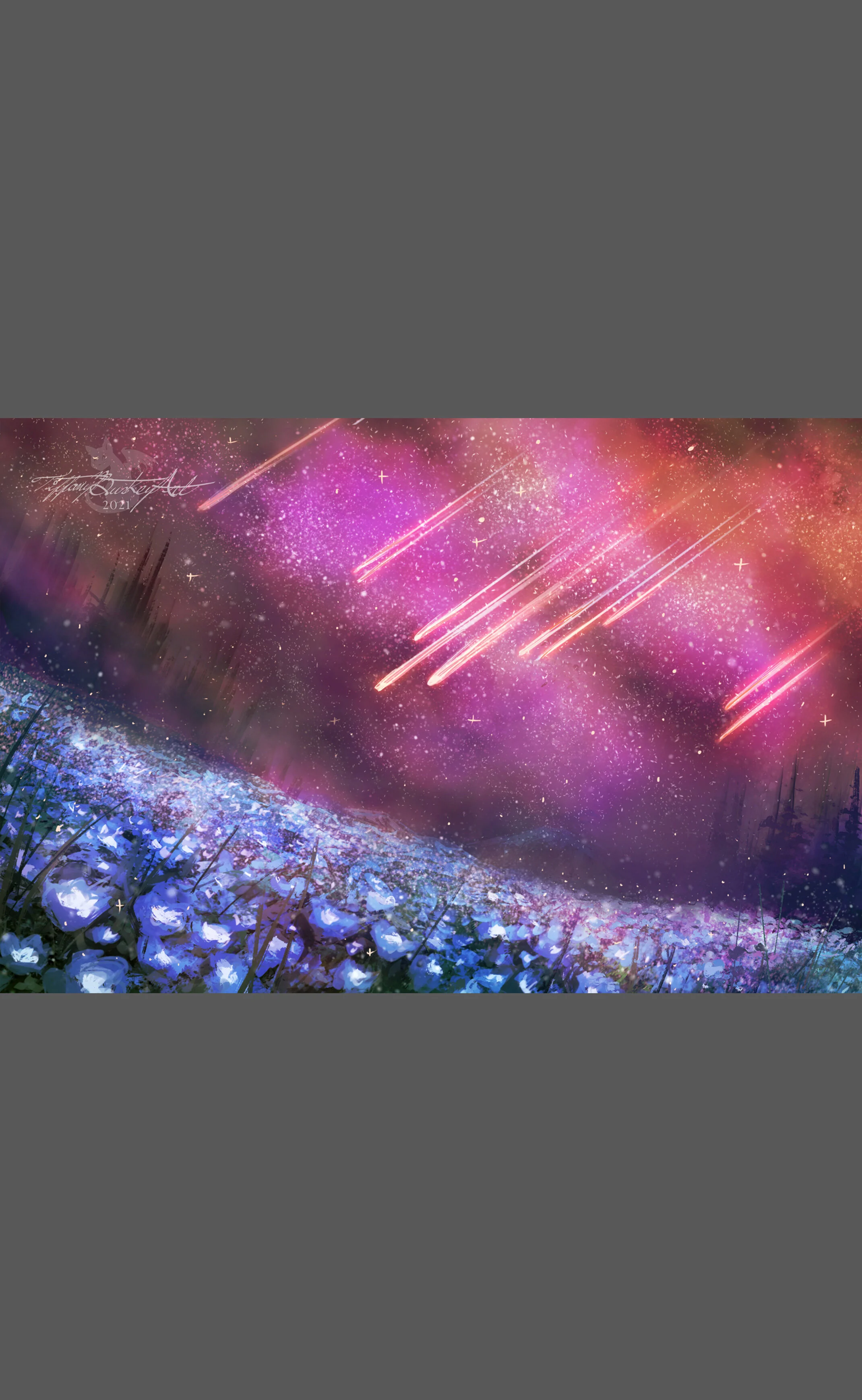A spring illustration featuring a galaxy sky and meteor shower above a field of blue flowers with a dark tree line in the distance. A 4x6 painting printed on cardstock.