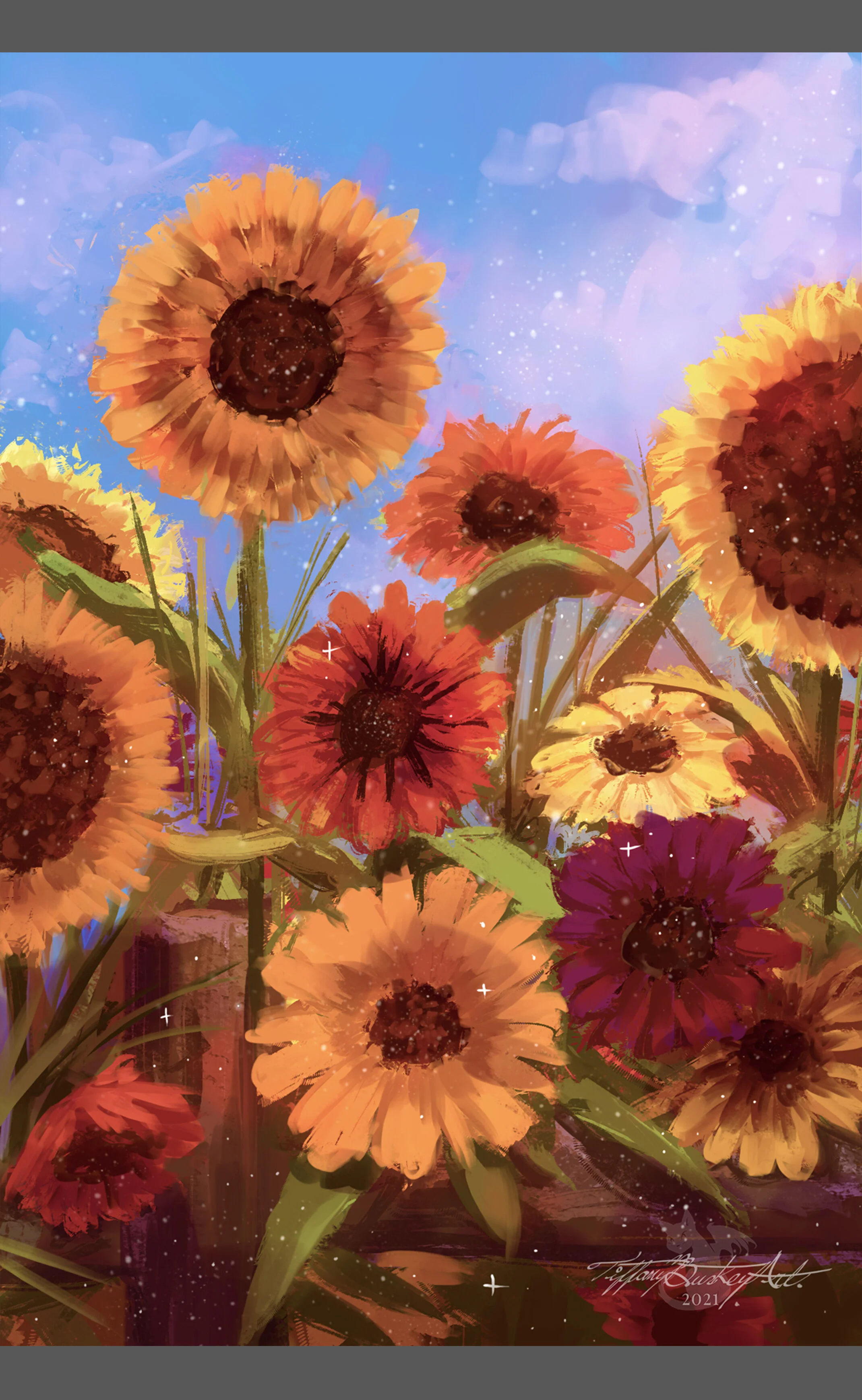 A spring flower illustration featuring sunflowers of all variety growing over a fence with a clear blue sky. A 4x6 painting printed on cardstock.