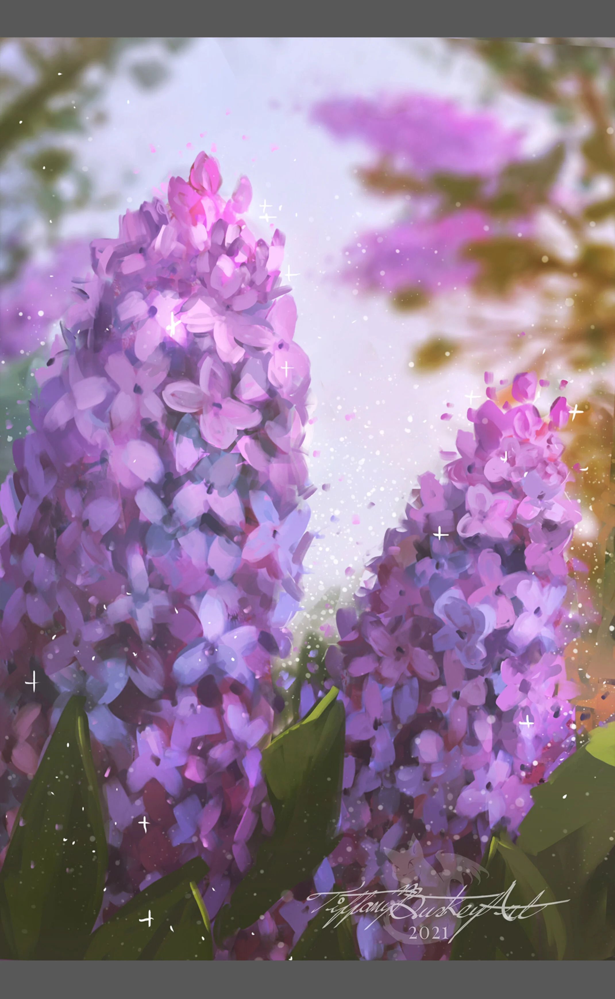 A spring flower illustration depicting some purple lilacs in the sunlight. A 4x6 painting printed on cardstock.