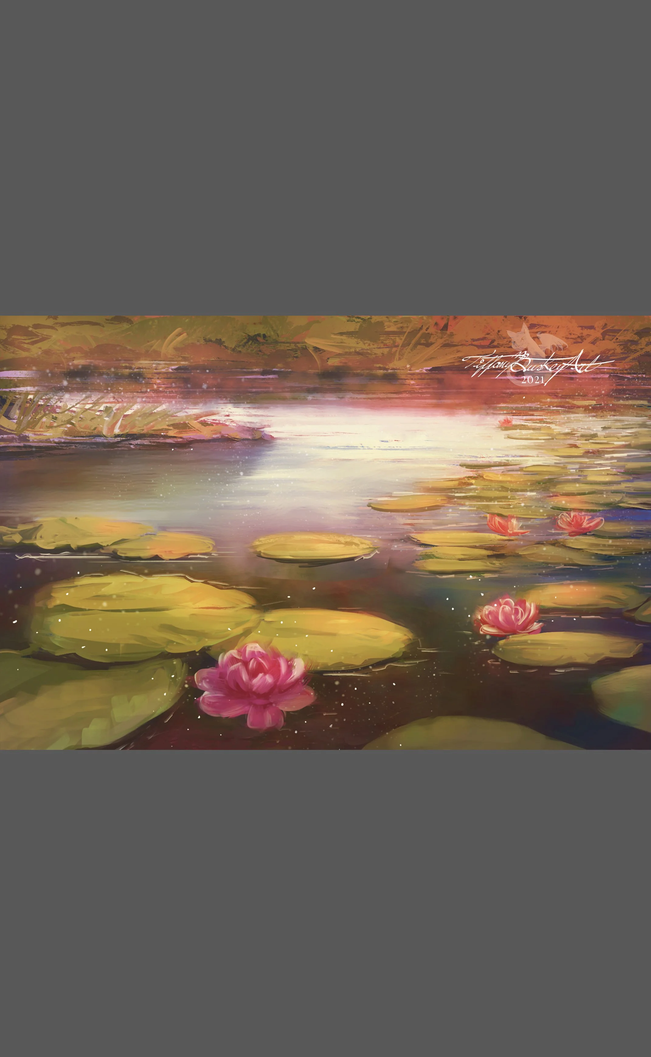 A spring illustration featuring some lily pads in some calm water with the evening sunlight lighting the water banks. A 4x6 painting printed on cardstock.