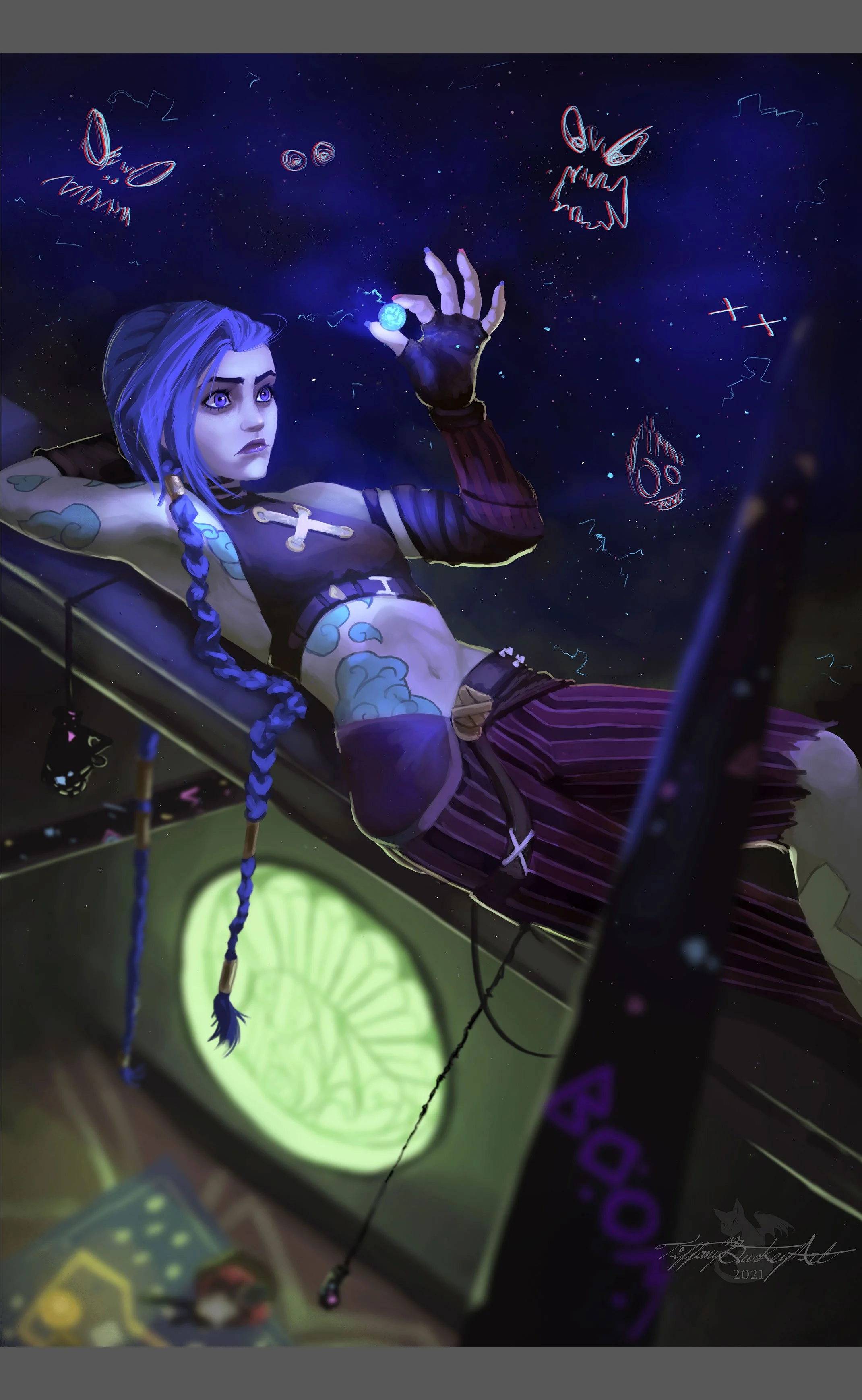 A fanart illustration featuring Jinx, from Netflix show Arcane and video game League of Legends. Buy 11 x 17 painting printed on thick cardstock.