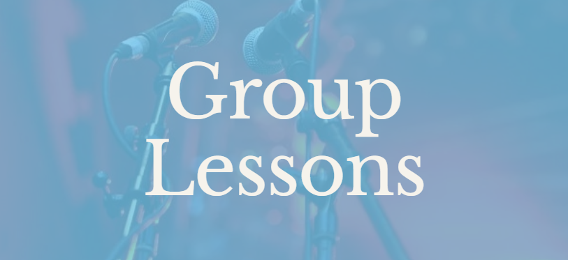 Text overlay on a blue background with microphones: 'Group Lessons'.