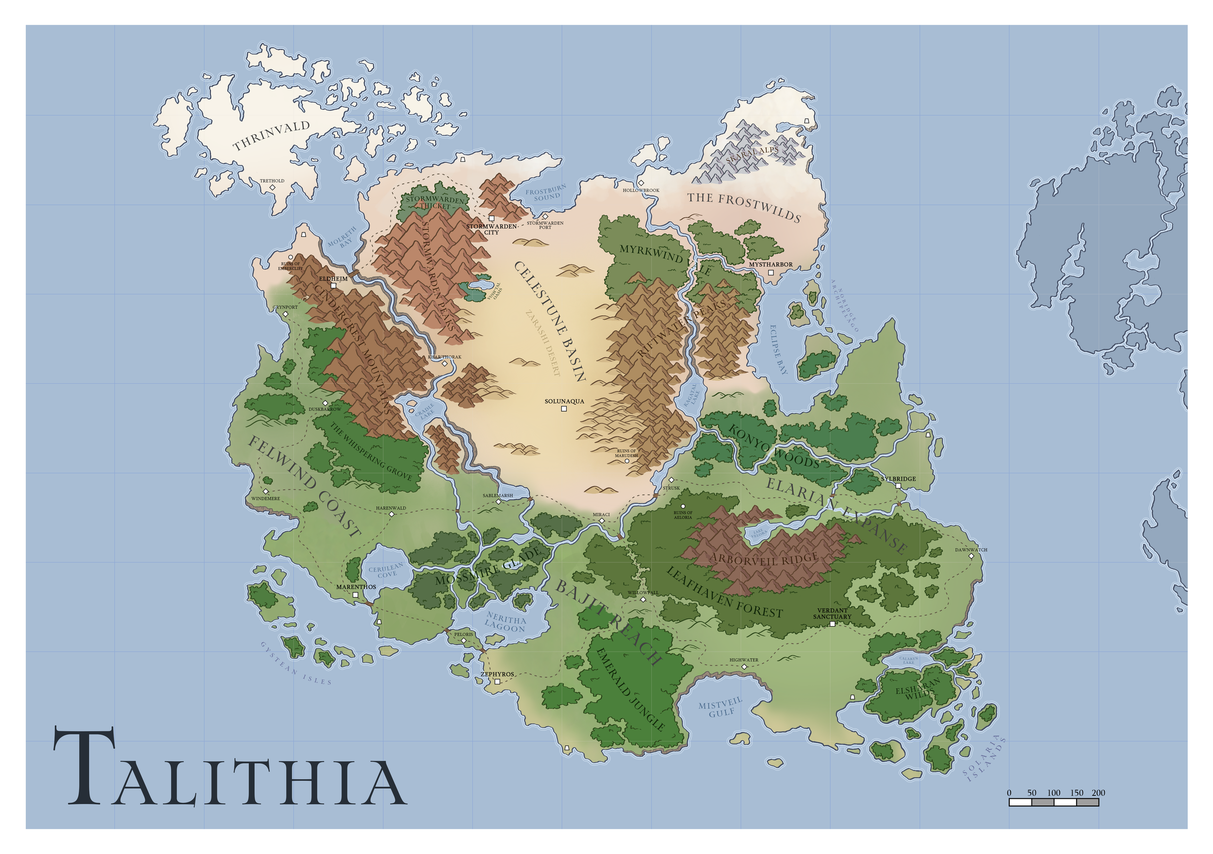 The final map design for the continent of Talithia