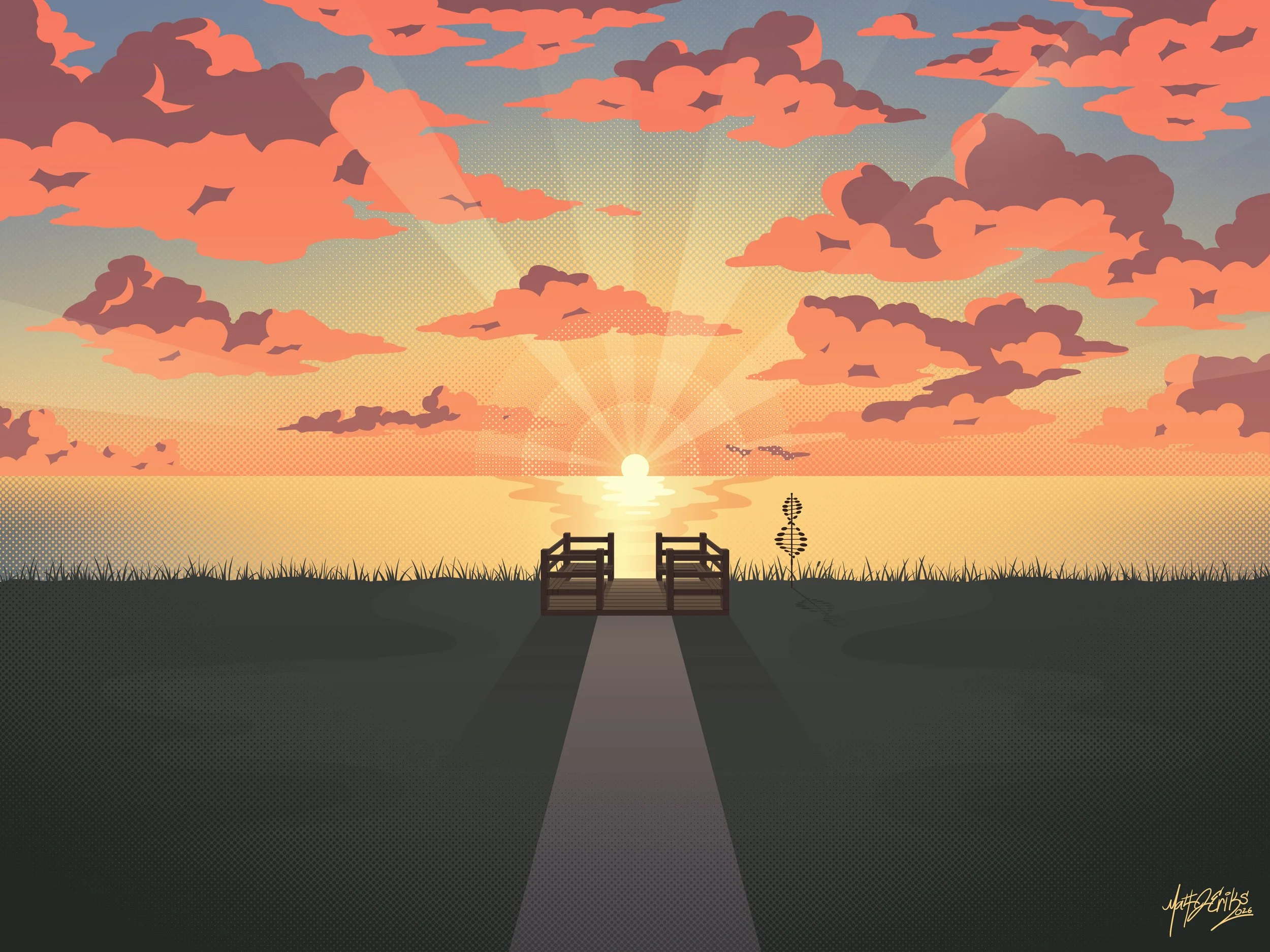 Sunset at the cottage, stylized illustration