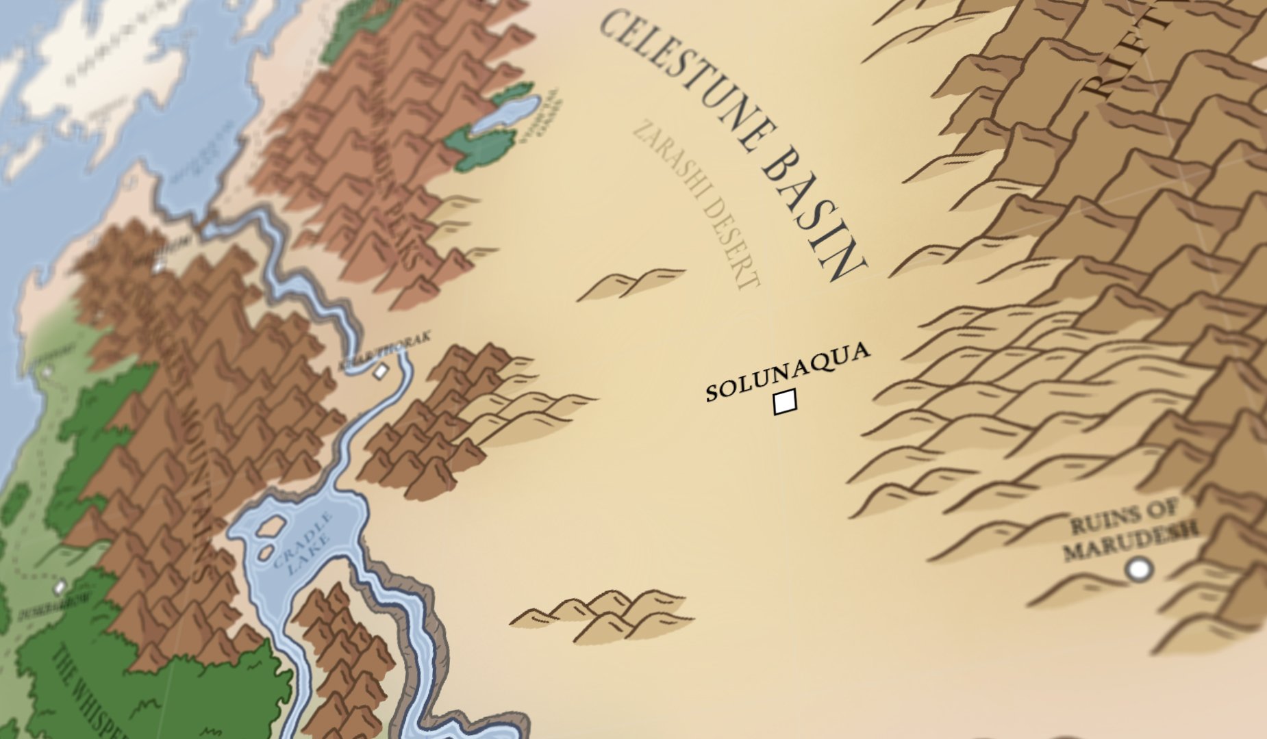 A tilt-shifted perspective of Talithia's map featuring the capital city of Solunaqua