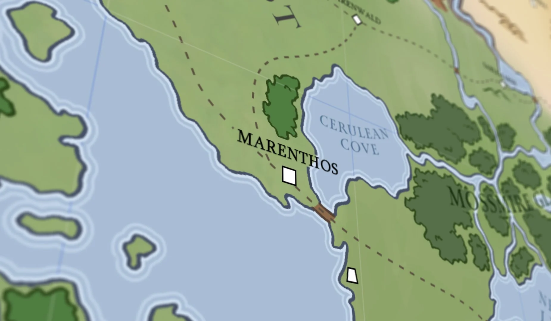 A closeup on the major city of Marenthos on the Talithia map