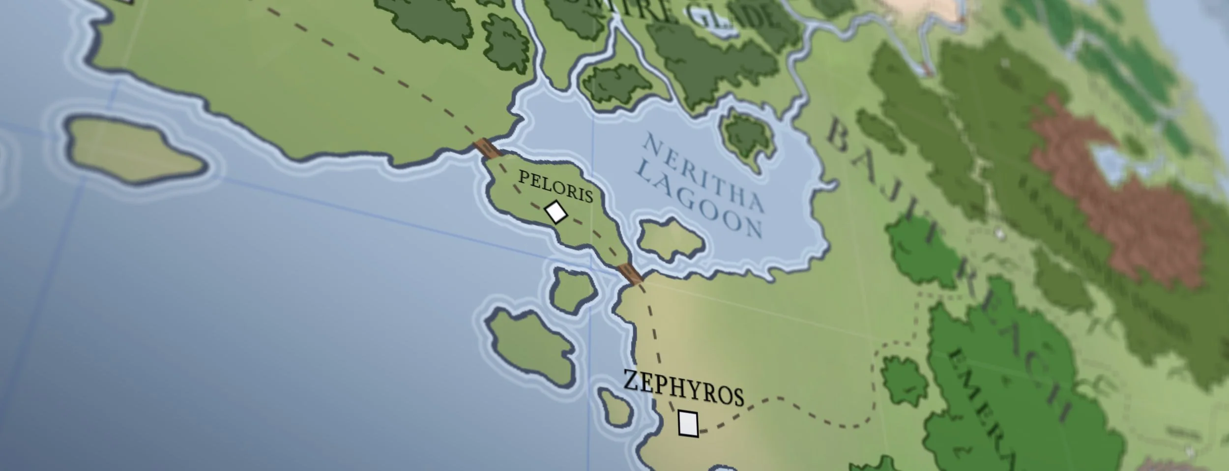 A tilt-shift image of the map of Talithia, focused on the port town of Peloris