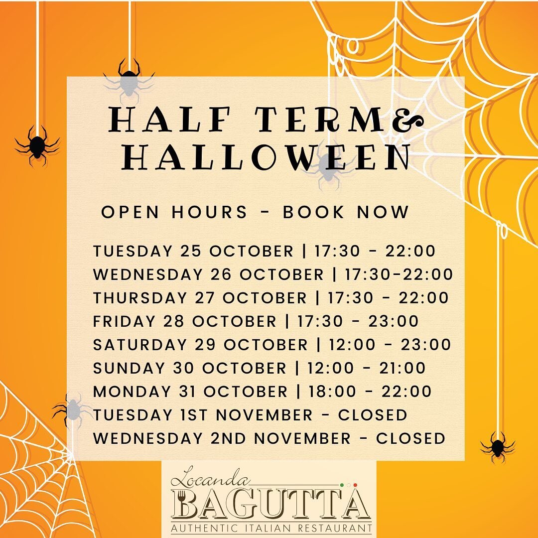 Take a look at our opening hours for the next week and a half.  We will be open for Halloween so come eat with us after your trick or treating!
🎃 
This week is half term so it definitely means it&rsquo;s time for a treat come see us for a lovely rel