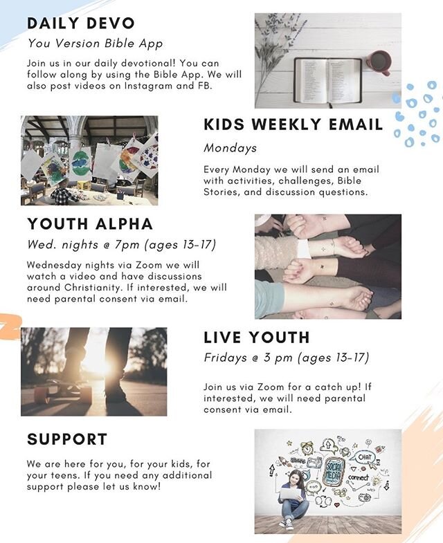 Starting this week we will be engaging in different ways online! If you would like to receive our weekly emails for children or if you are a teen interested in Alpha or our Live Youth Zoom calls let us know!