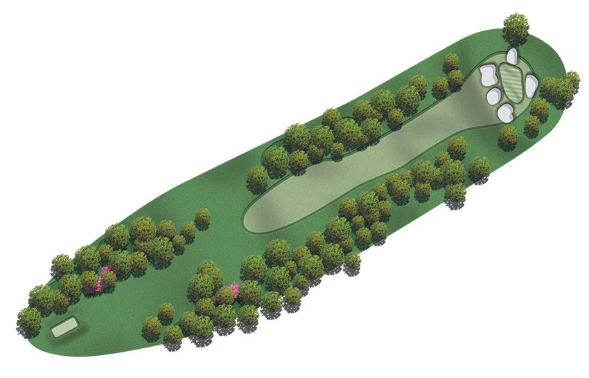 The 7th hole at Augusta National Golf Cub. Originally designed to receive a running shot up the hollow short of the green; but the addition of bunkers at the front means it now needs a flighted approach. The green was not designed to receive an aerial shot; greenside traps and more length now make this approach one of the course’s most difficult.